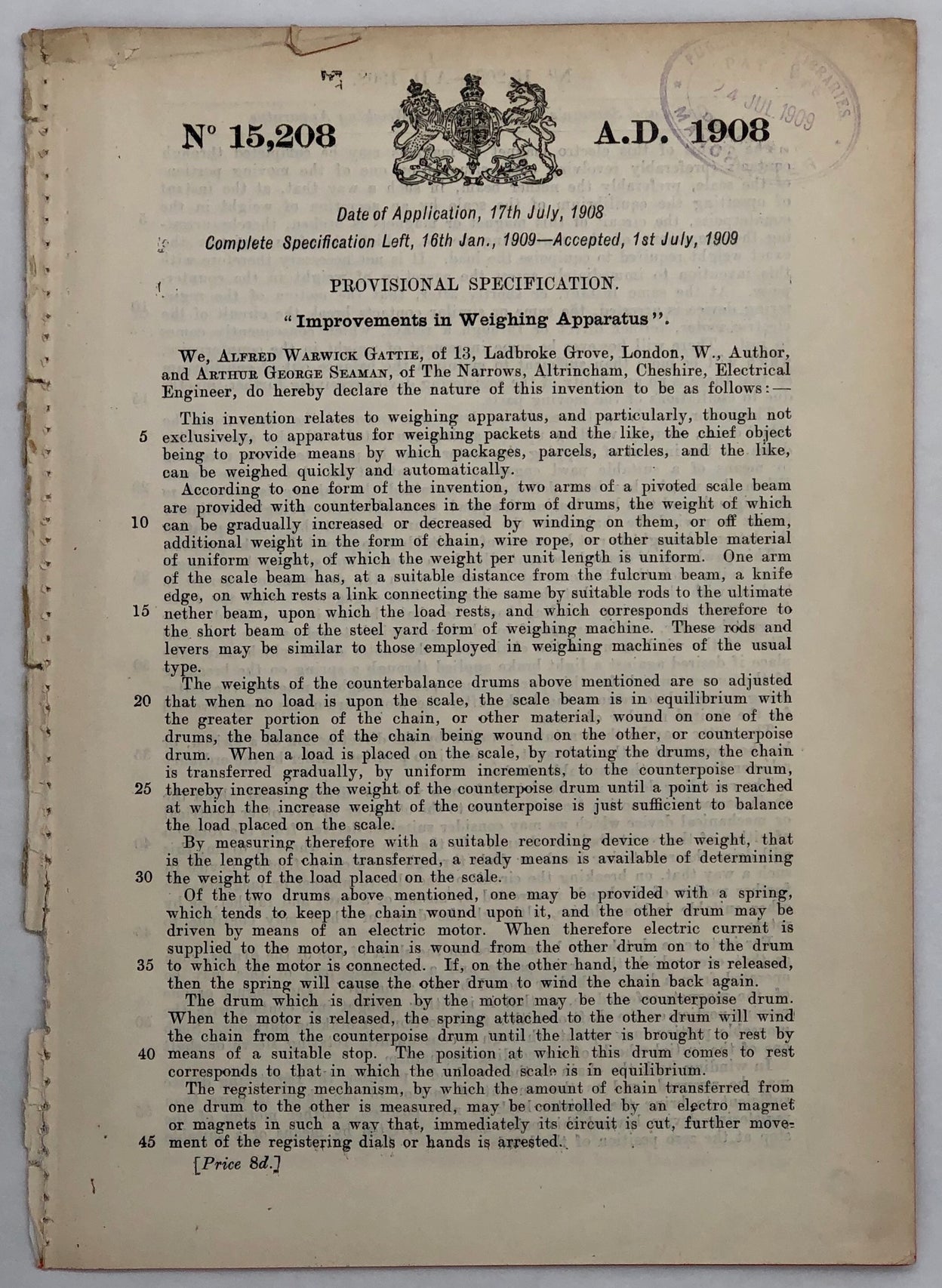 Four Patent Specifications by Alfred Warwick Gattie, Henry Ashley, Arthur George Seaman and Walter Frederick Jones for Production by Gattie's 