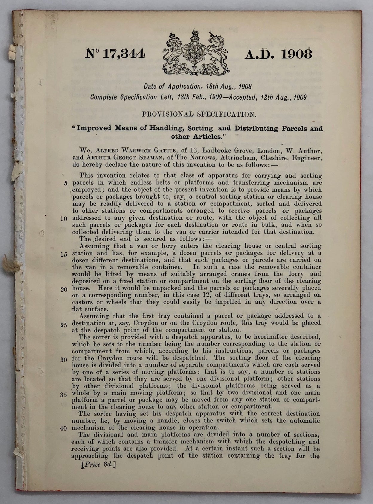 Four Patent Specifications by Alfred Warwick Gattie, Henry Ashley, Arthur George Seaman and Walter Frederick Jones for Production by Gattie's 