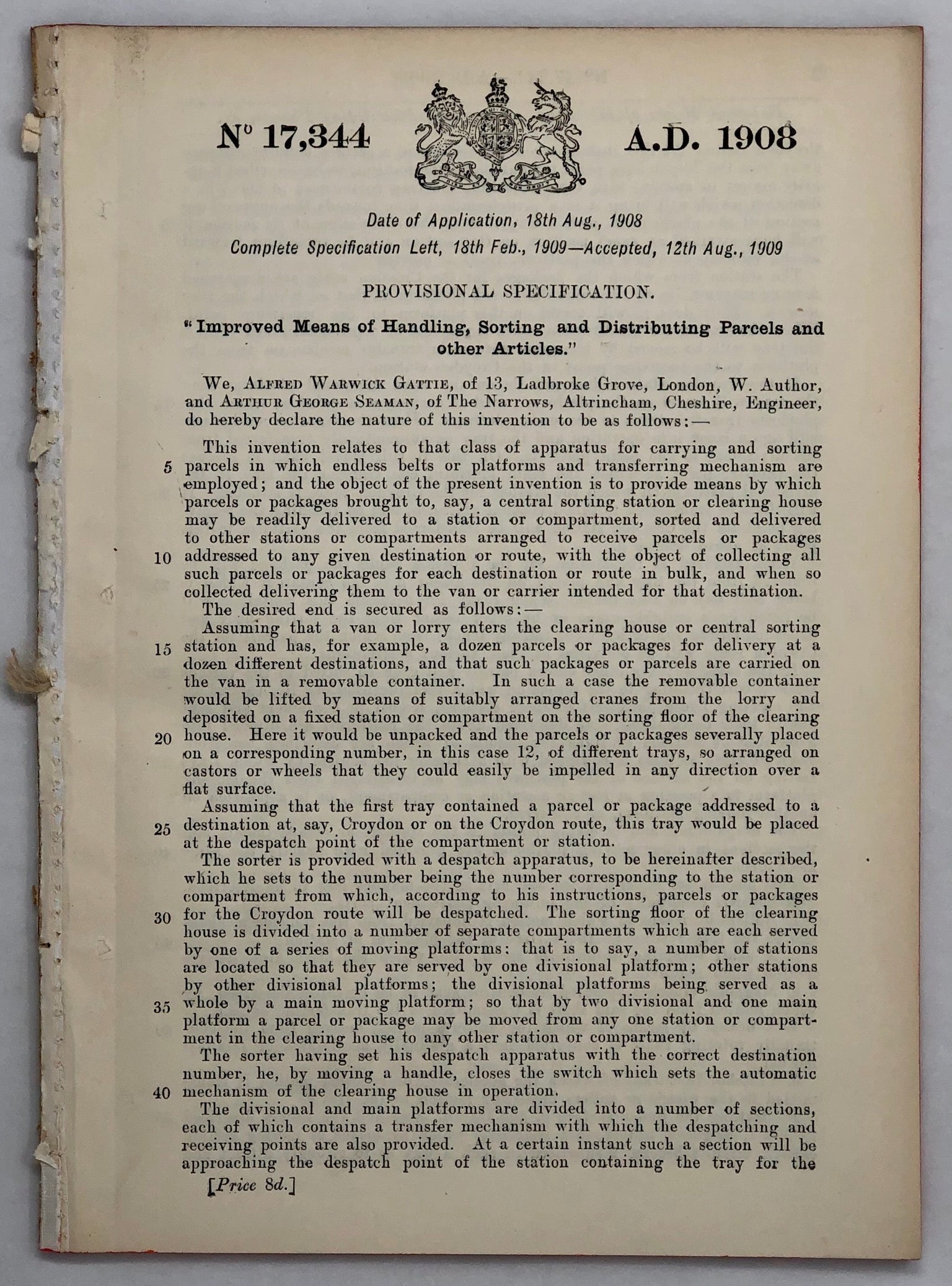 Four Patent Specifications by Alfred Warwick Gattie, Henry Ashley, Arthur George Seaman and Walter Frederick Jones for Production by Gattie's 