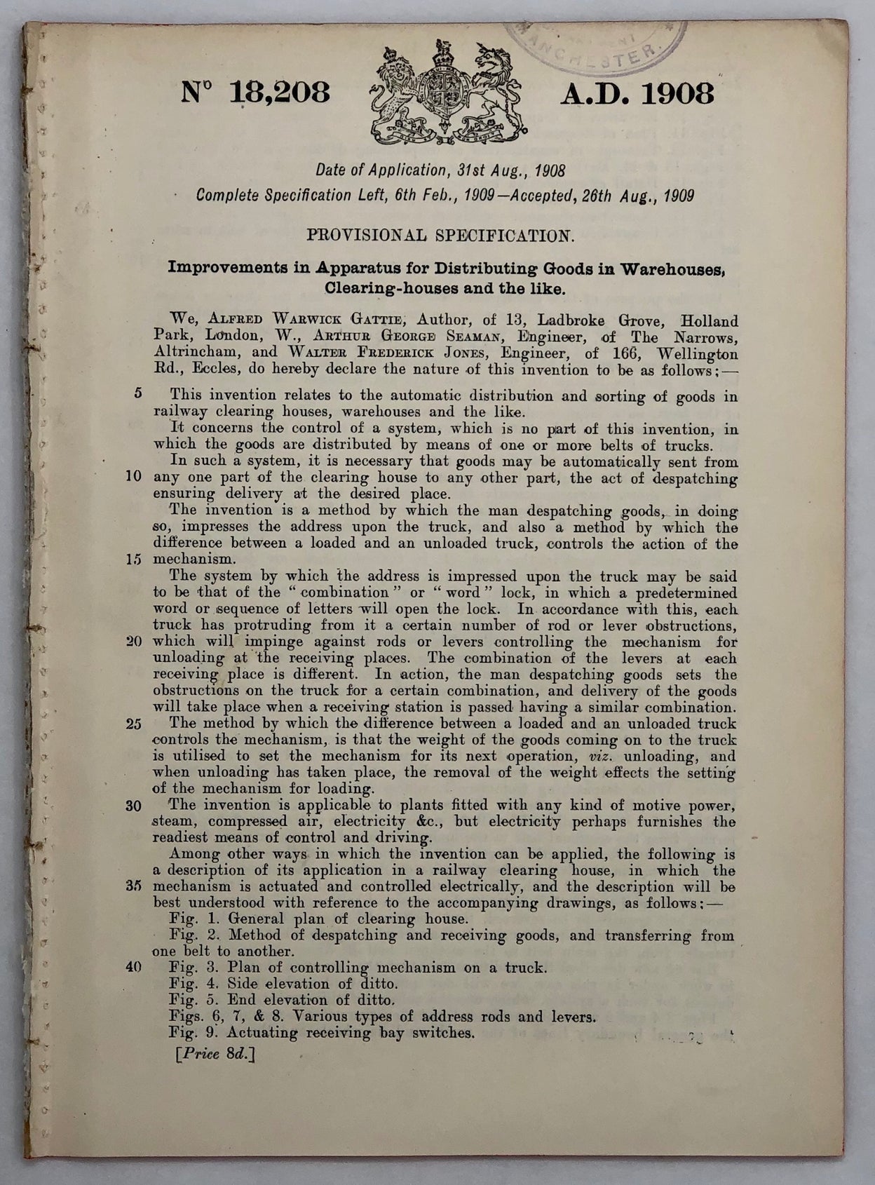 Four Patent Specifications by Alfred Warwick Gattie, Henry Ashley, Arthur George Seaman and Walter Frederick Jones for Production by Gattie's 