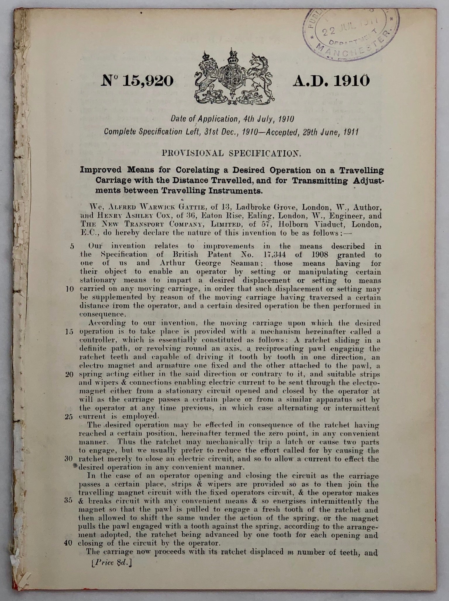 Four Patent Specifications by Alfred Warwick Gattie, Henry Ashley, Arthur George Seaman and Walter Frederick Jones for Production by Gattie's 