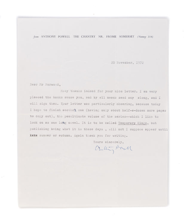 Typed letter Signed ('Anthony Powell') to a Mr. Norwood, about his novel Temporary Kings (1973),