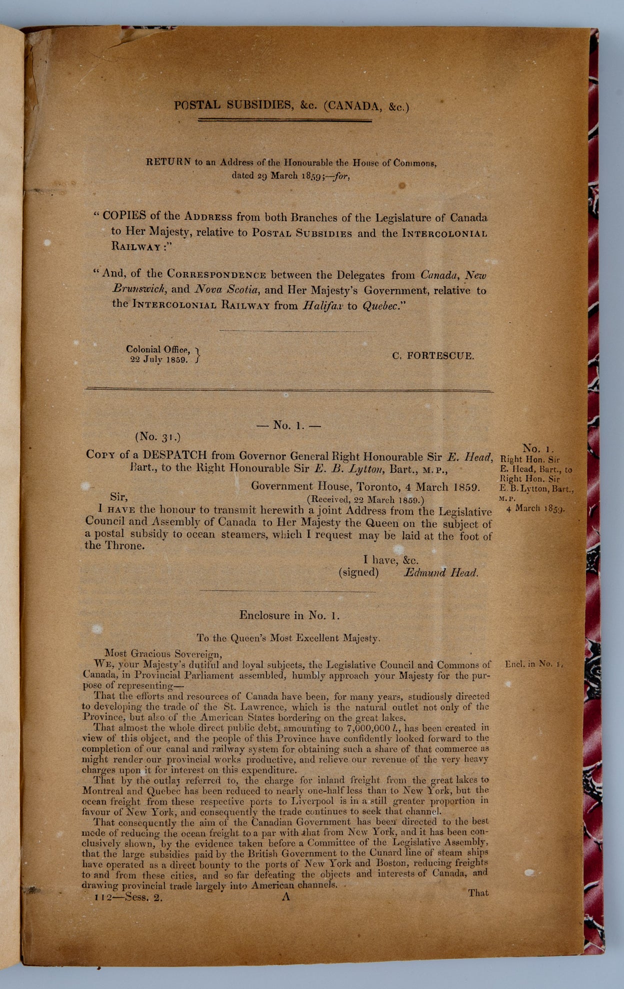 Copies of the Address from both Branches of the legislature of Canada to Her Majesty relative to Postal Subsidies and the Intercolonial Railway;