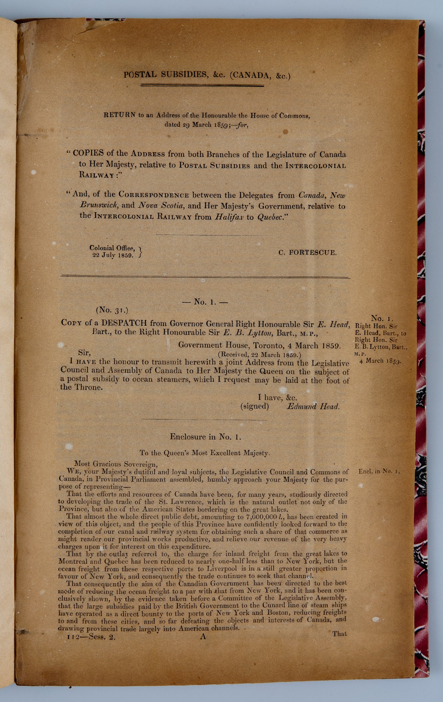 Copies of the Address from both Branches of the legislature of Canada to Her Majesty relative to Postal Subsidies and the Intercolonial Railway;