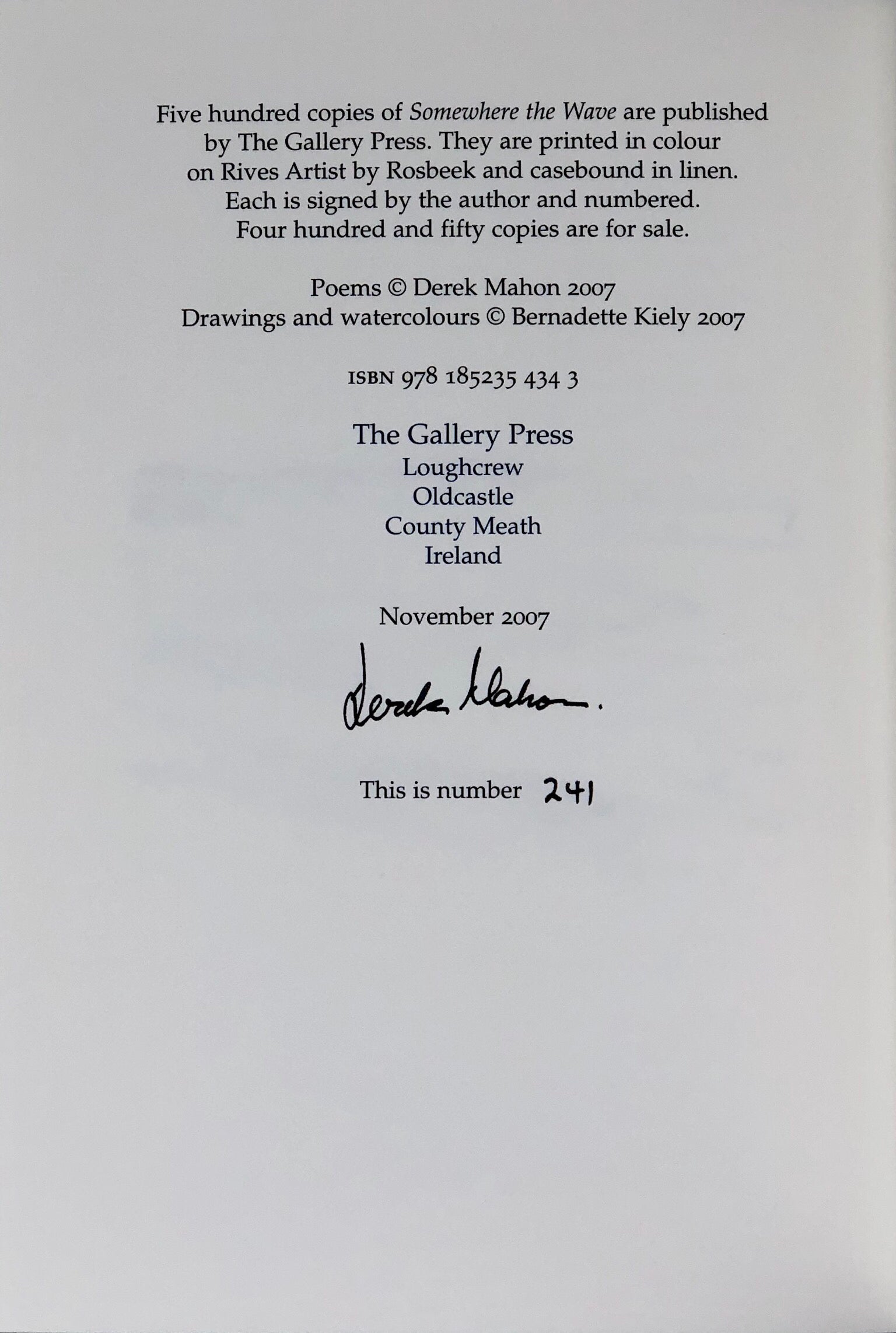 Somewhere the Wave. Drawings and Watercolours by Bernadette Kiely.