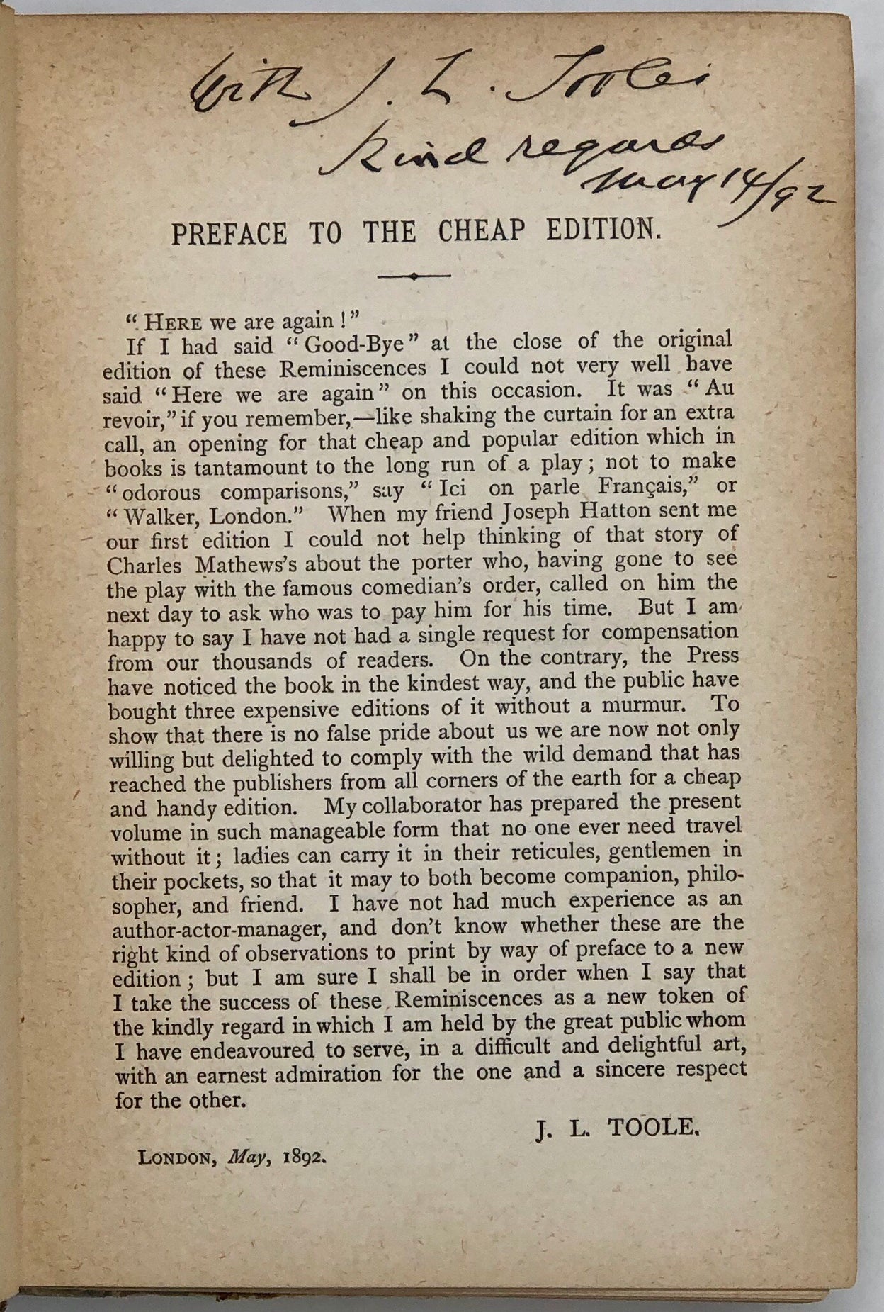 Reminiscences of J. L. Toole related by himself and chronicled by Joseph Hatton.