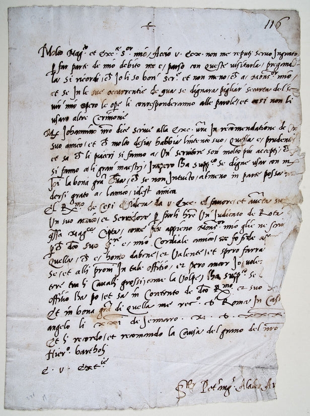 Letter addressed to Raffaele de' Medici and signed by Pietro Angiolo Alalio. Dated, Rome at Castelangelo, 21 January