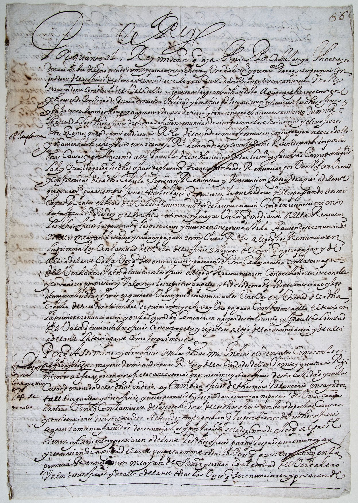 [Sale of offices in the Spanish Empire]: Paraque de acqui en adelante se puedan renunciar en las Indias los oficios bendibles como se haze en esios Reynaos en la forma q[ue] aqui se contiene.  Signed at the end by  Gregorio Perez de Andrade.
