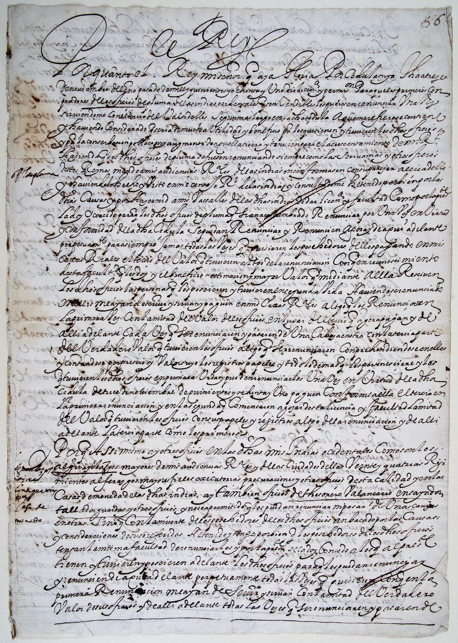 [Sale of offices in the Spanish Empire]: Paraque de acqui en adelante se puedan renunciar en las Indias los oficios bendibles como se haze en esios Reynaos en la forma q[ue] aqui se contiene.  Signed at the end by  Gregorio Perez de Andrade.