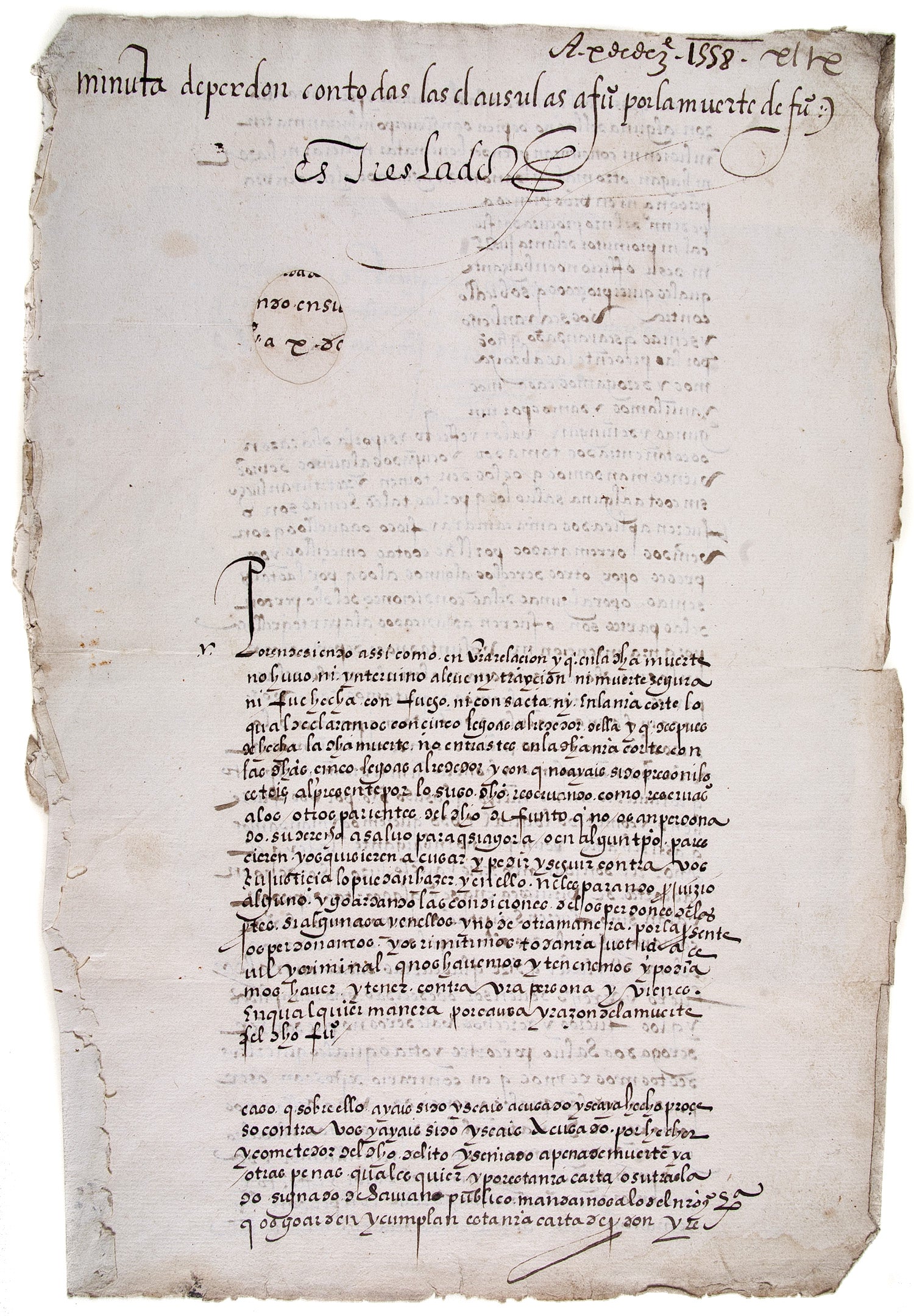 [Contemporary manuscript of a decree of pardon]: Minuta de perdon conto las clausulas a fu por la muerte de fu. Valladolid, 10 December