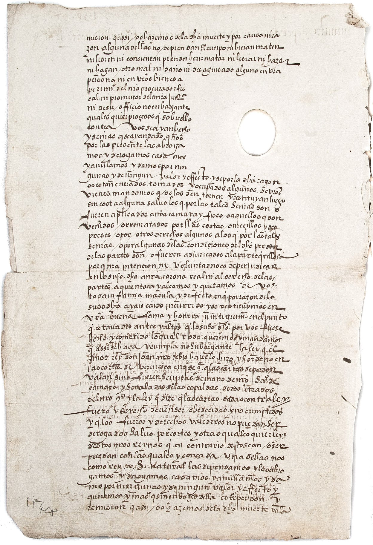[Contemporary manuscript of a decree of pardon]: Minuta de perdon conto las clausulas a fu por la muerte de fu. Valladolid, 10 December