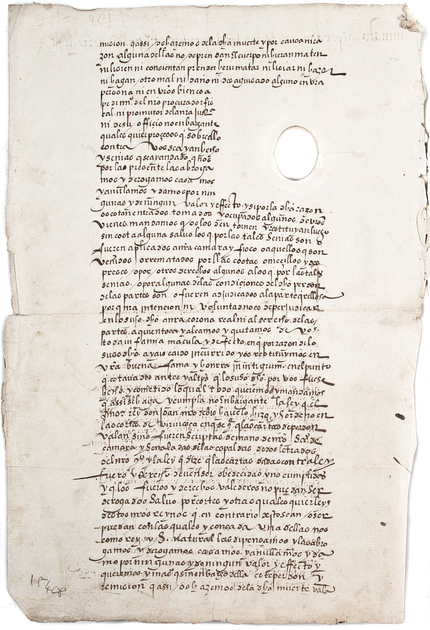 [Contemporary manuscript of a decree of pardon]: Minuta de perdon conto las clausulas a fu por la muerte de fu. Valladolid, 10 December