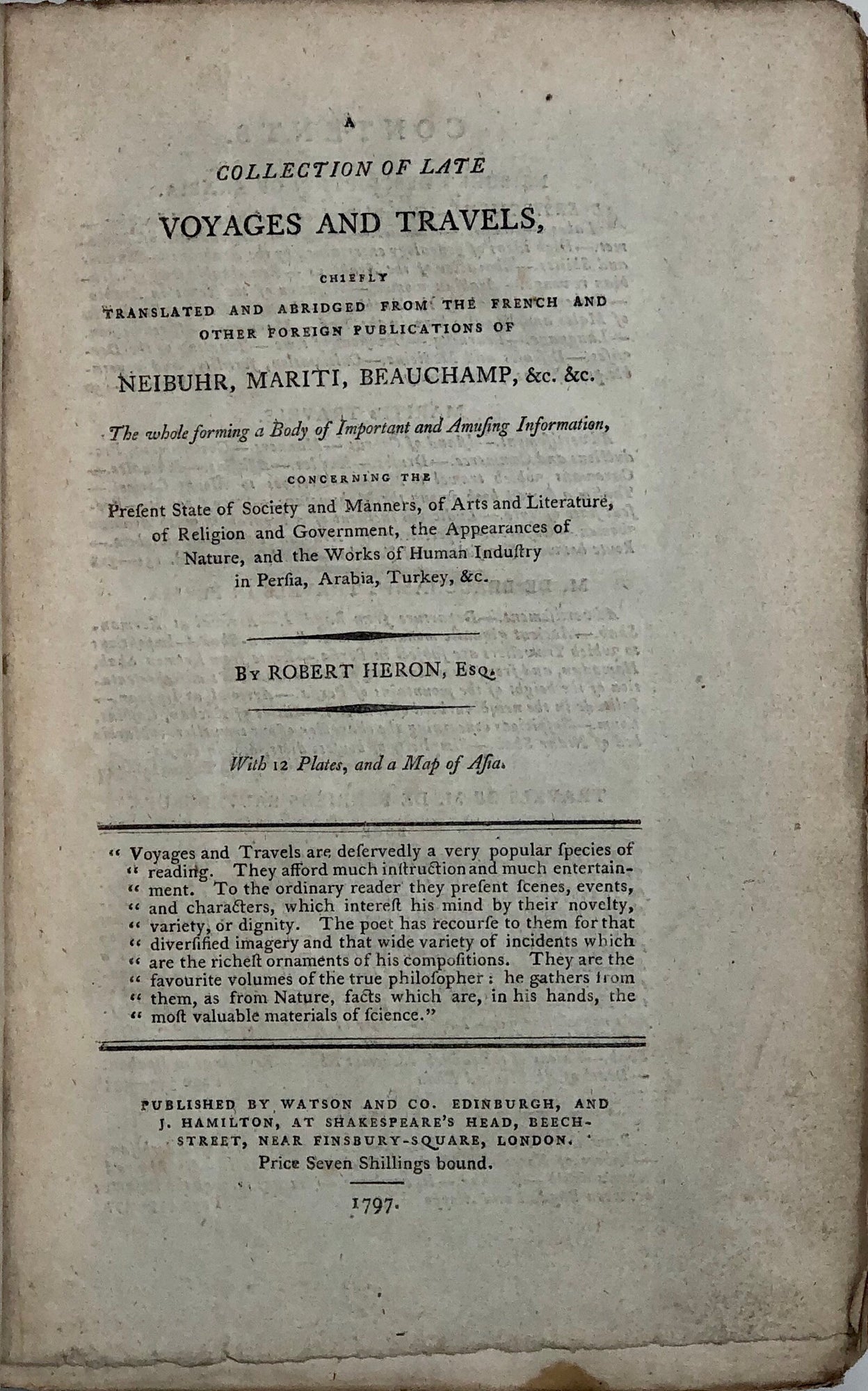 A Collection of Late Voyages and Travels: the 2nd volume only (this relating to Arabia, the Mediterranean, Persia, Turkey, Iraq). Chiefly translated and abridged from the French and other foreign publications of Niebuhr, Mariti, Beauchamp, etc.