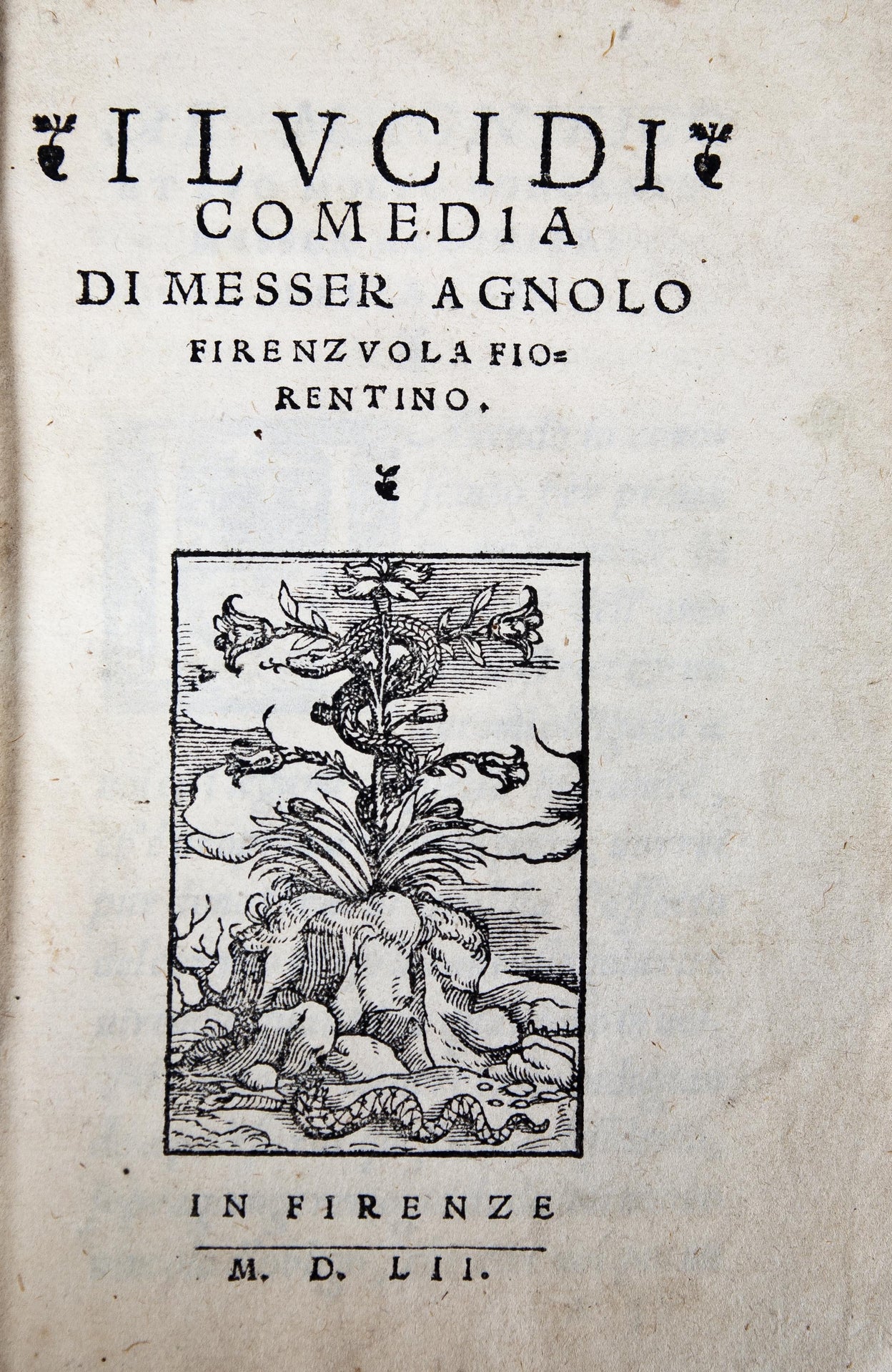 FIRENZUOLA (Agnolo). I lucidi. Florence, 1552.
[Bound with]:DOLCE (Lodovico). Il ragazzo. Venice, Francesco detto lo Imperador, 1559.
[And]: PINO DA CAGLI (Bernardino). Gli ingiusti sdegni. Venice, Domenico Farri, 1563.
[And]: SECCHI (Nicolo). L'interesse