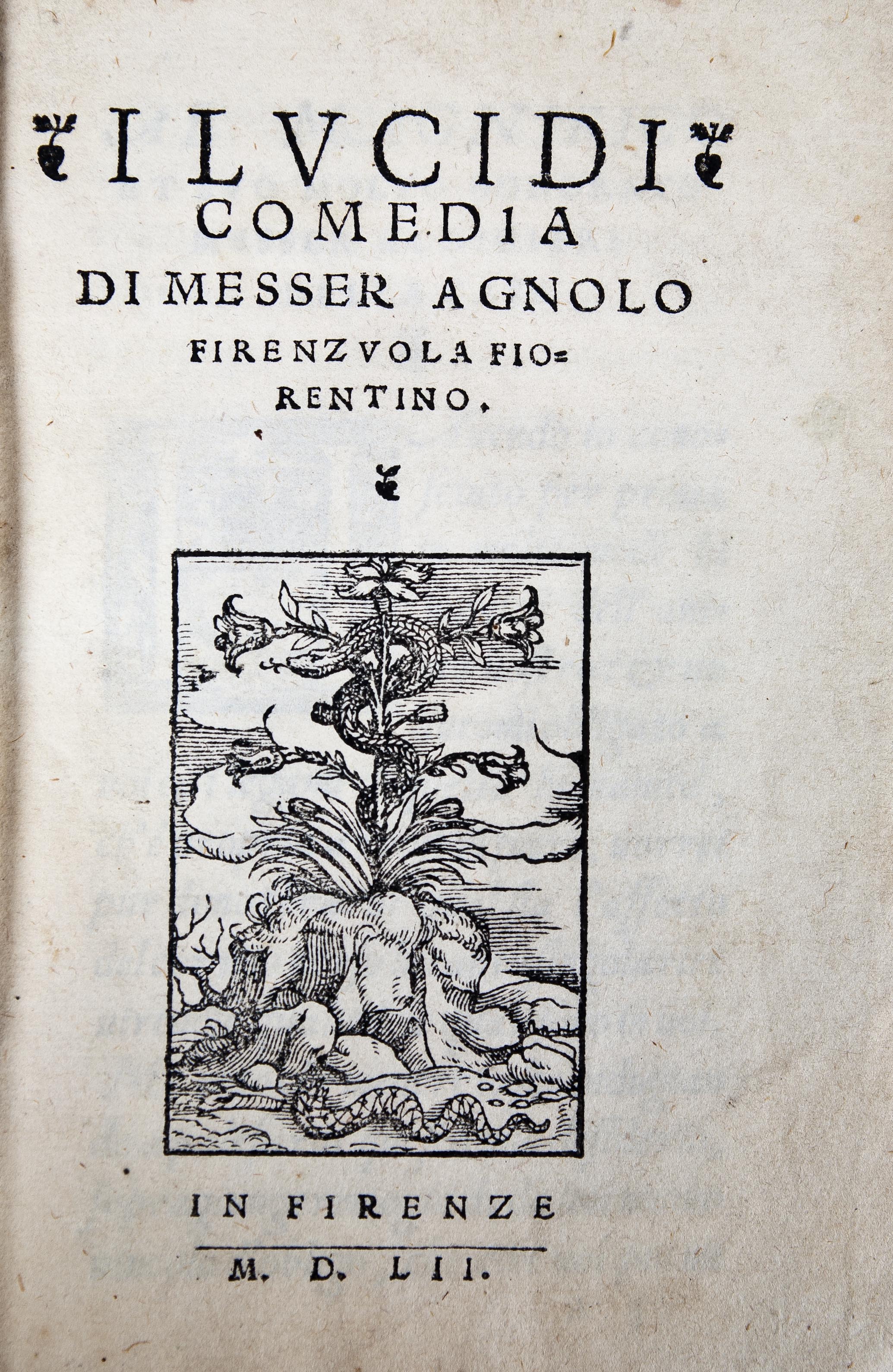 FIRENZUOLA (Agnolo). I lucidi. Florence, 1552.
[Bound with]:DOLCE (Lodovico). Il ragazzo. Venice, Francesco detto lo Imperador, 1559.
[And]: PINO DA CAGLI (Bernardino). Gli ingiusti sdegni. Venice, Domenico Farri, 1563.
[And]: SECCHI (Nicolo). L'interesse