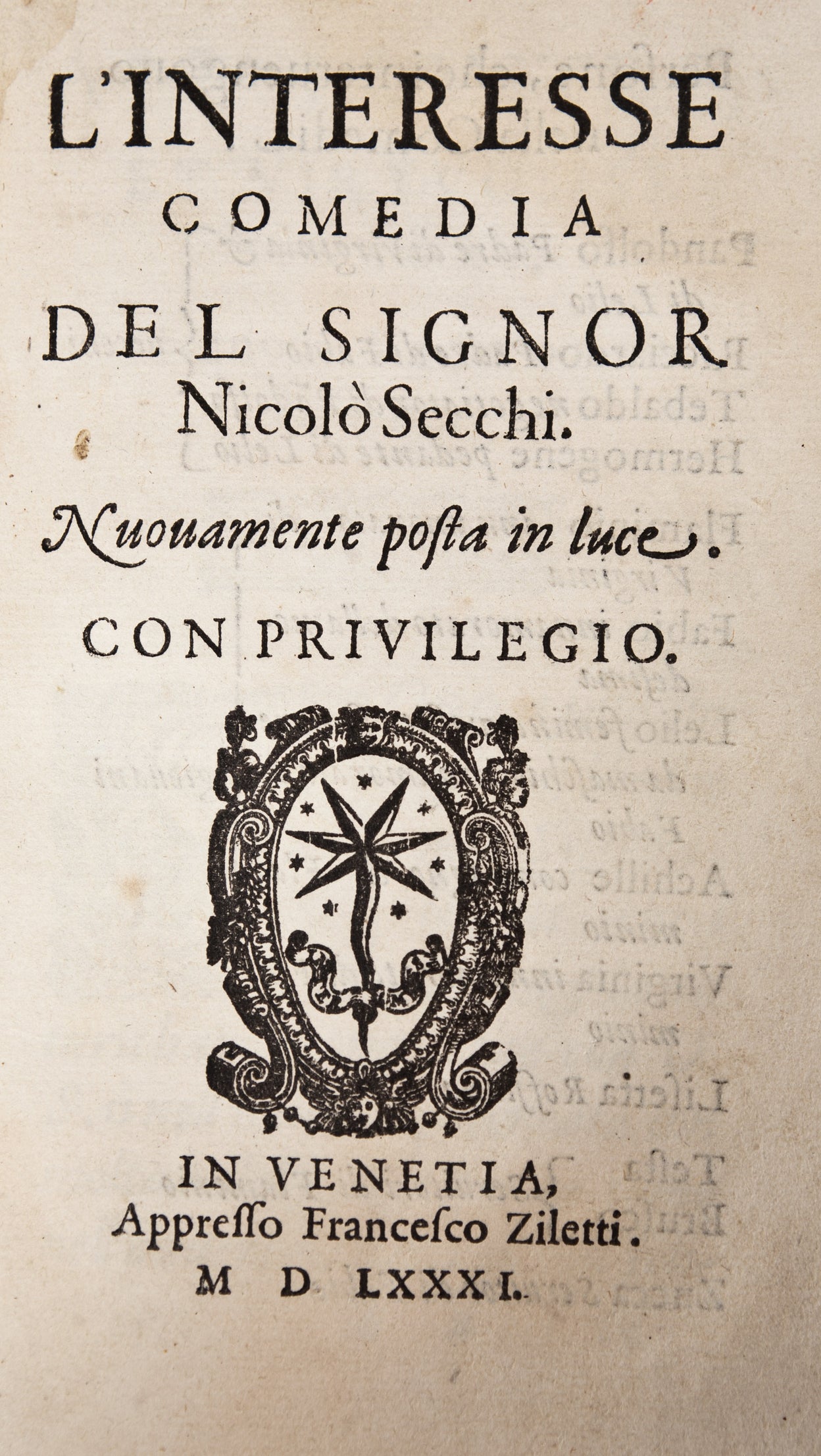 FIRENZUOLA (Agnolo). I lucidi. Florence, 1552.
[Bound with]:DOLCE (Lodovico). Il ragazzo. Venice, Francesco detto lo Imperador, 1559.
[And]: PINO DA CAGLI (Bernardino). Gli ingiusti sdegni. Venice, Domenico Farri, 1563.
[And]: SECCHI (Nicolo). L'interesse