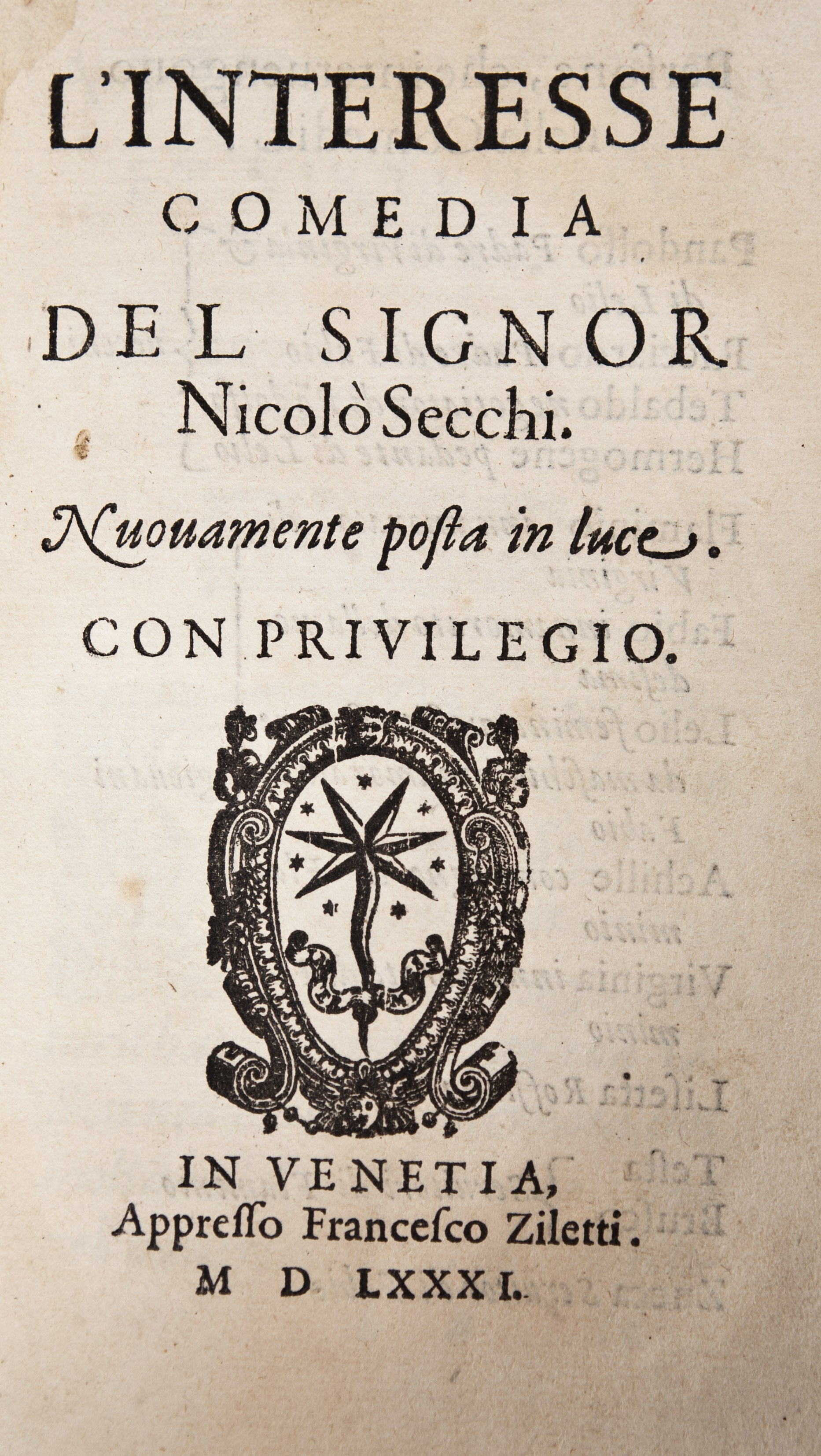 FIRENZUOLA (Agnolo). I lucidi. Florence, 1552.
[Bound with]:DOLCE (Lodovico). Il ragazzo. Venice, Francesco detto lo Imperador, 1559.
[And]: PINO DA CAGLI (Bernardino). Gli ingiusti sdegni. Venice, Domenico Farri, 1563.
[And]: SECCHI (Nicolo). L'interesse