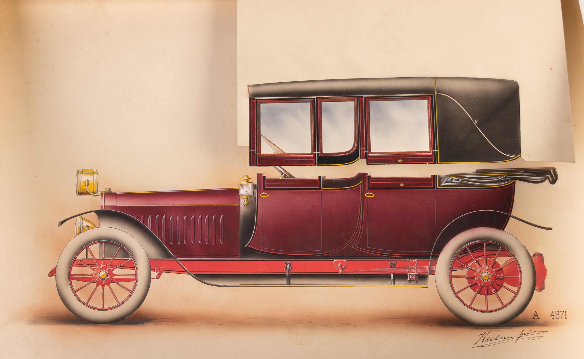 Two superb gouache and oil coachwork designs for classic brougham automobiles. c 1910-1920.
