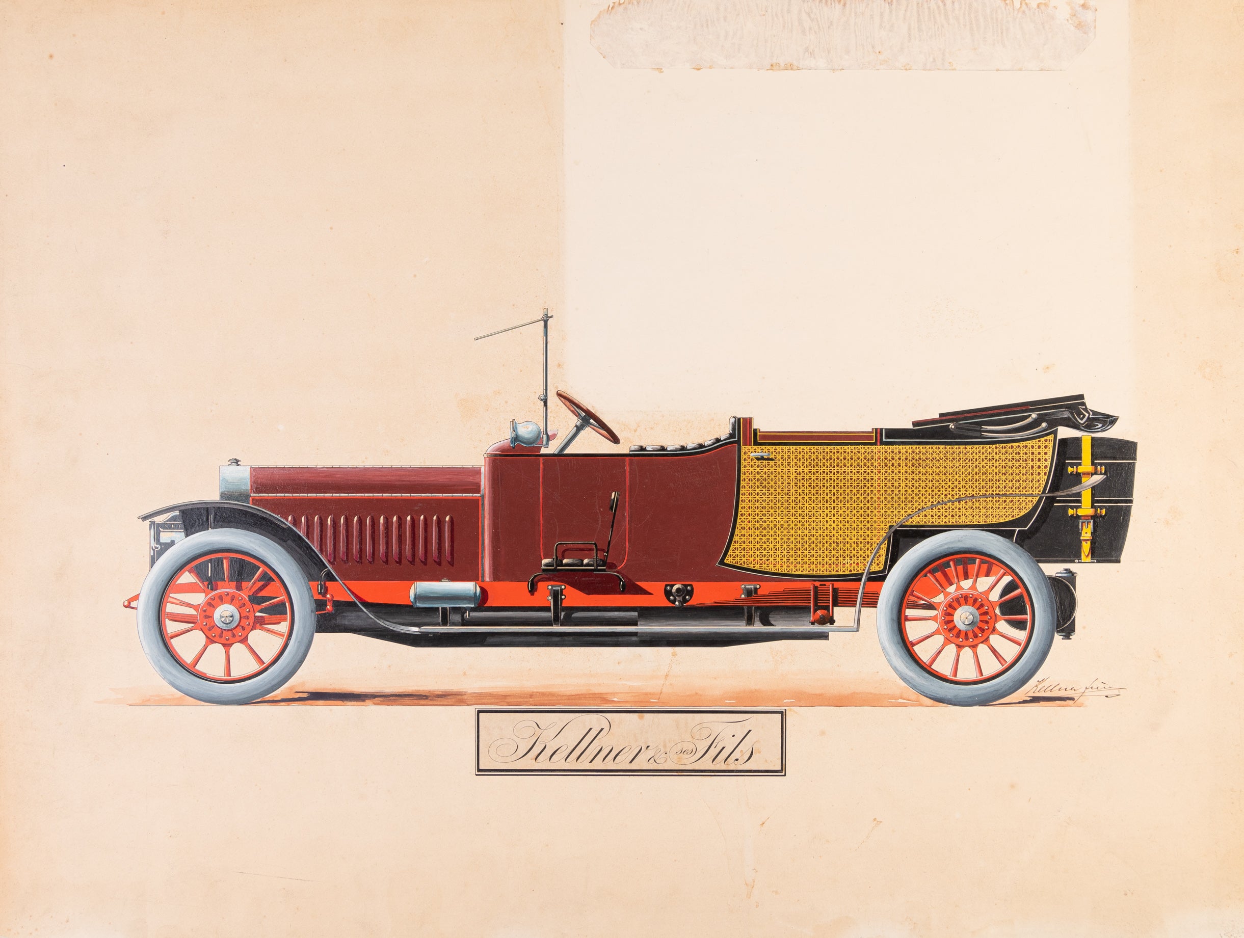 Two superb gouache and oil coachwork designs for classic brougham automobiles. c 1910-1920.