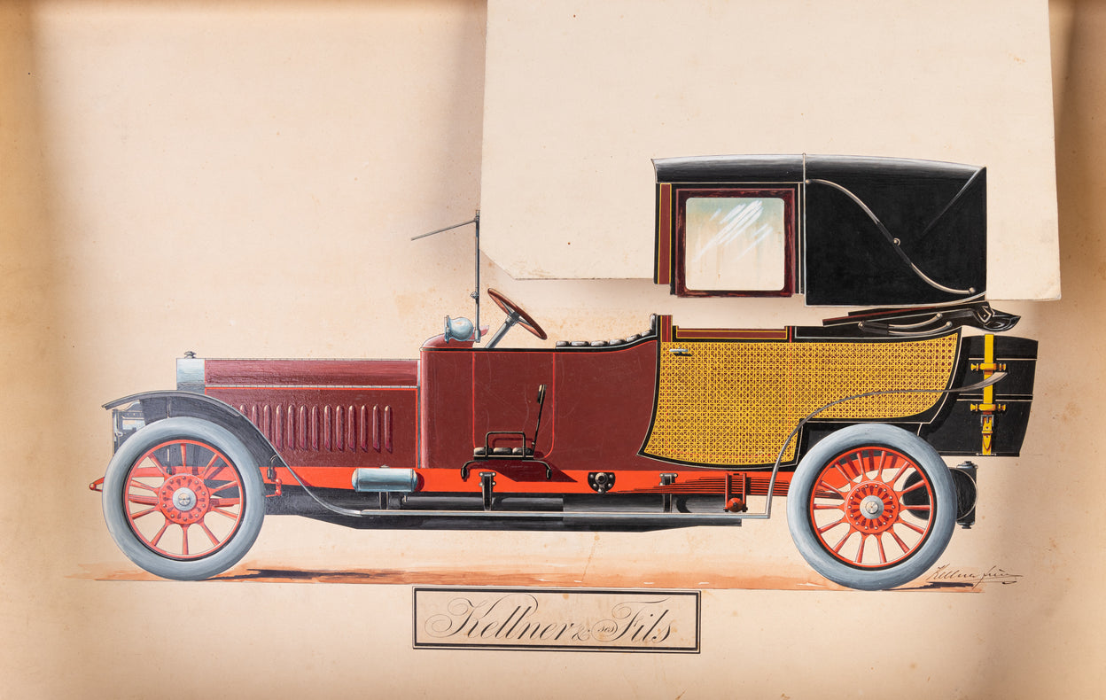 Two superb gouache and oil coachwork designs for classic brougham automobiles. c 1910-1920.