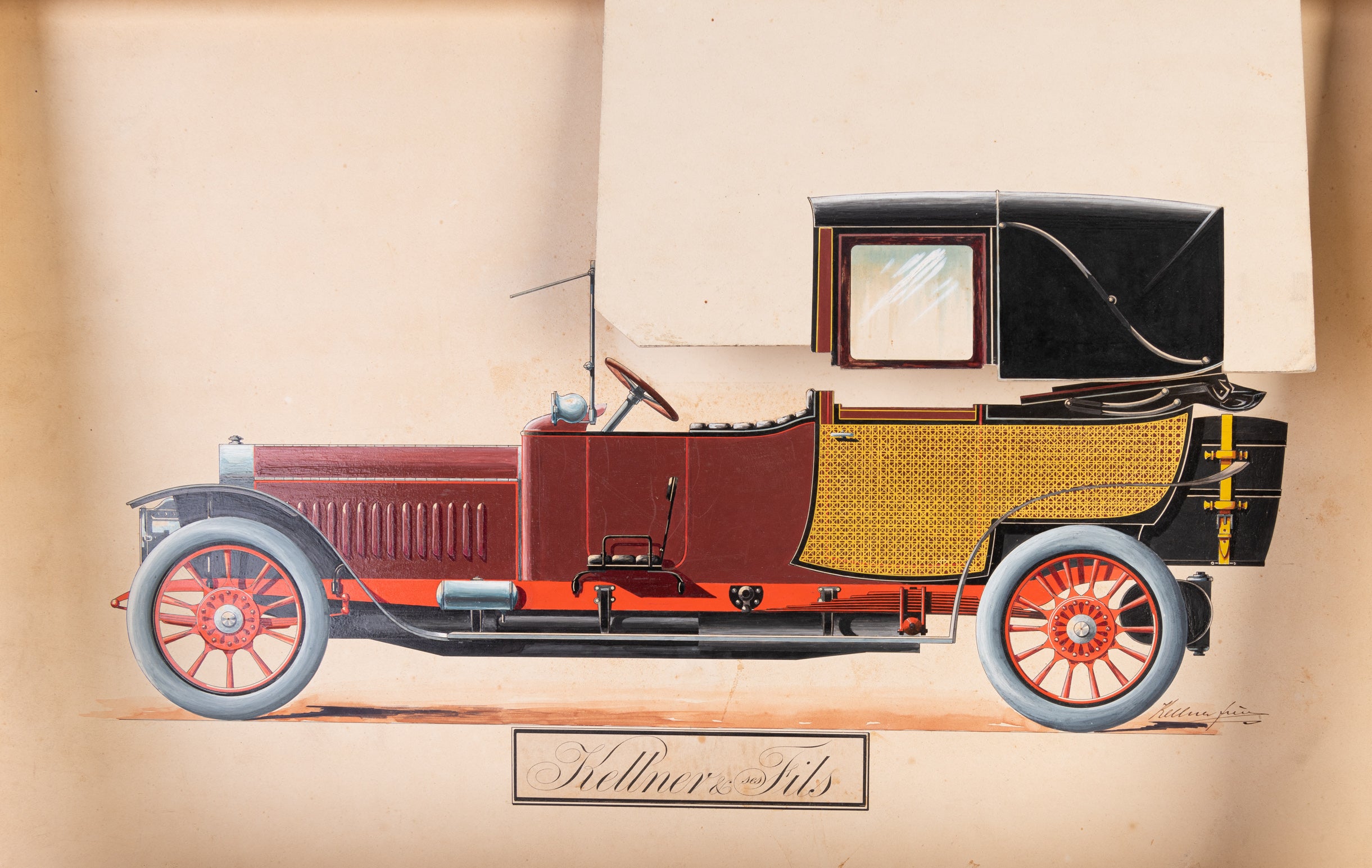 Two superb gouache and oil coachwork designs for classic brougham automobiles. c 1910-1920.