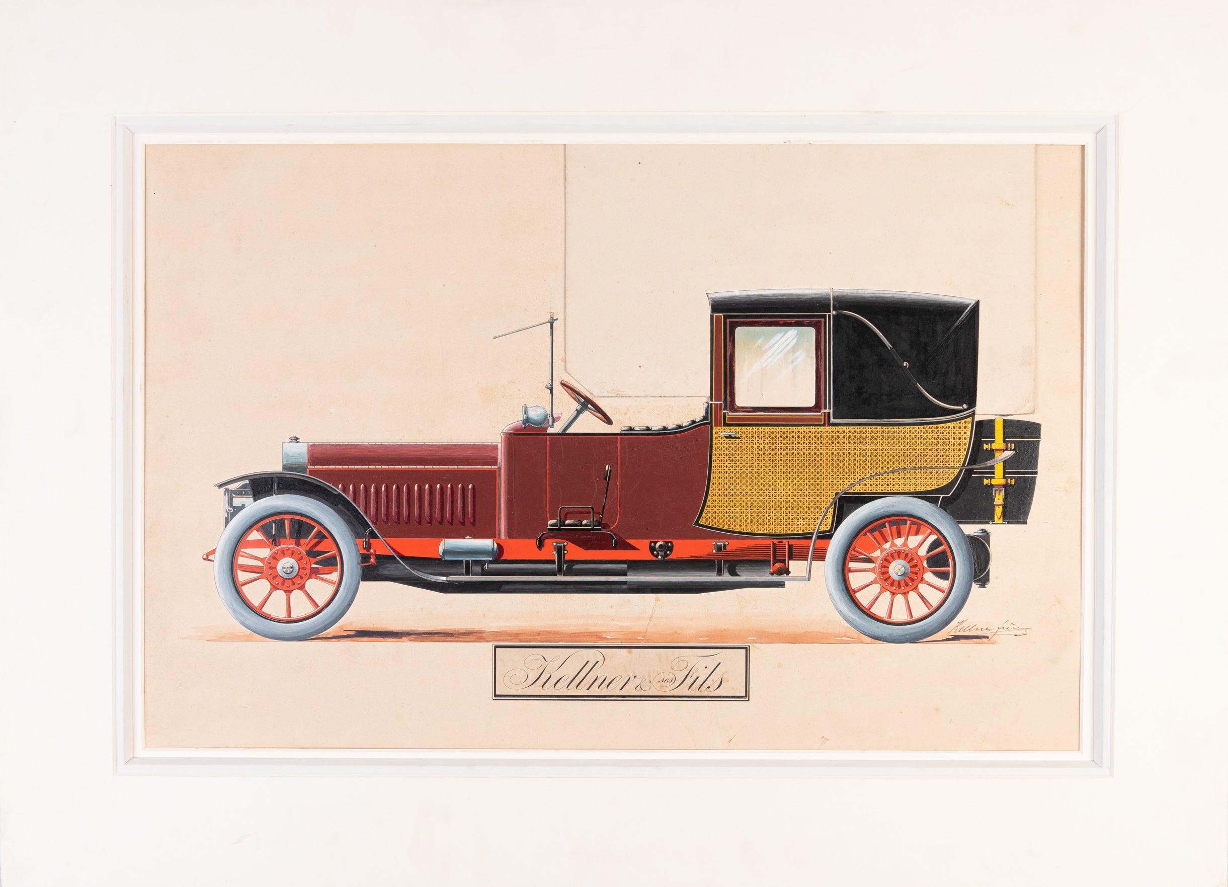 Two superb gouache and oil coachwork designs for classic brougham automobiles. c 1910-1920.