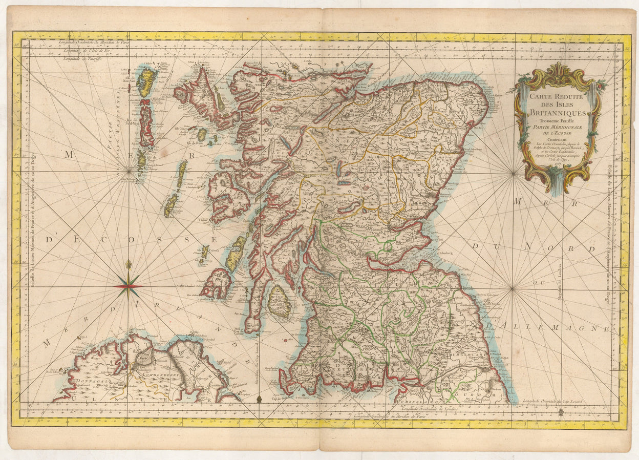 Carte Reduite des Isles Britanniques Troisieme Feuille Partie Meridionale del'Ecosse contenant les Costes Orientales, depuis le Golphe de Cromarty jusqu'a Berwick; et les Costes Occidentales, depuis Carlisle jusques et compris l'Isle de Skye. ...