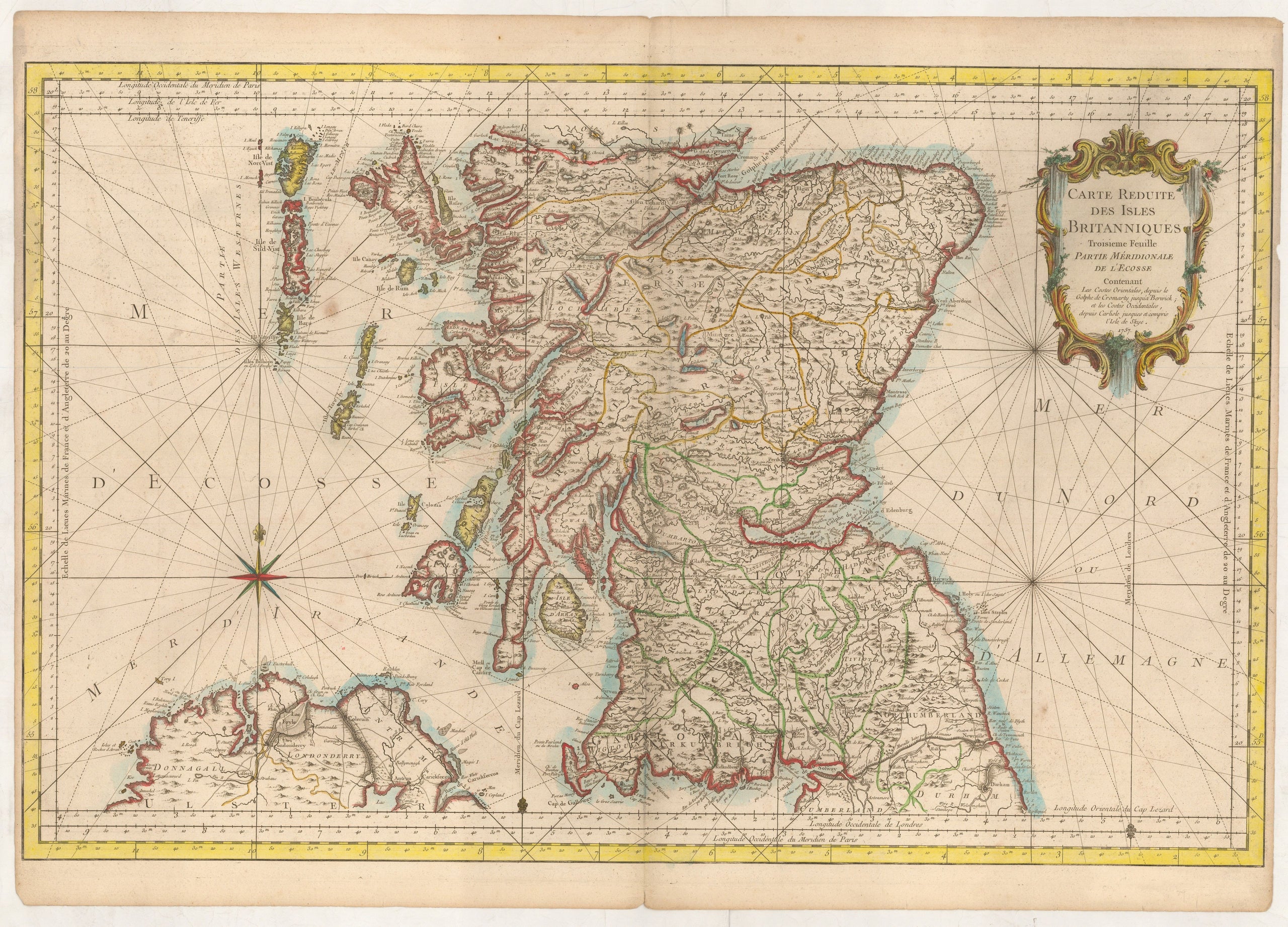 Carte Reduite des Isles Britanniques Troisieme Feuille Partie Meridionale del'Ecosse contenant les Costes Orientales, depuis le Golphe de Cromarty jusqu'a Berwick; et les Costes Occidentales, depuis Carlisle jusques et compris l'Isle de Skye. ...