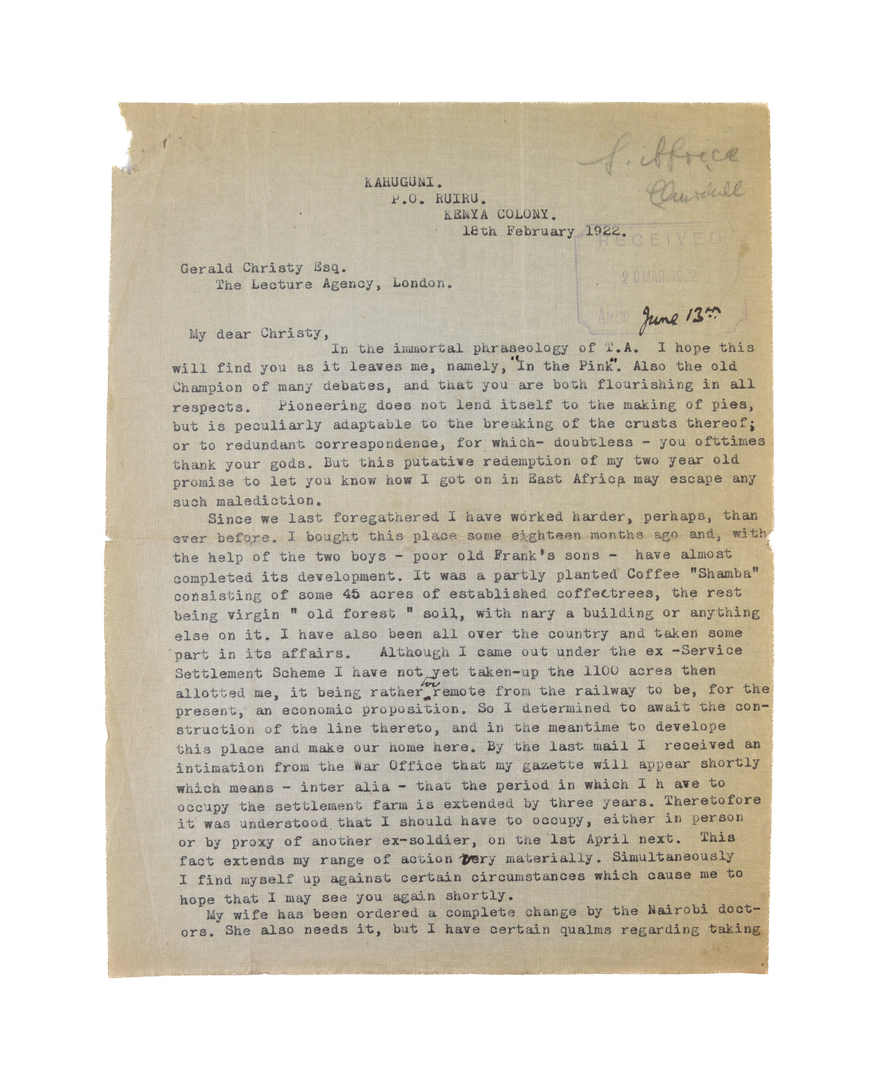 TLS to Gerald Christy Esq. regarding a proposal to Churchill.