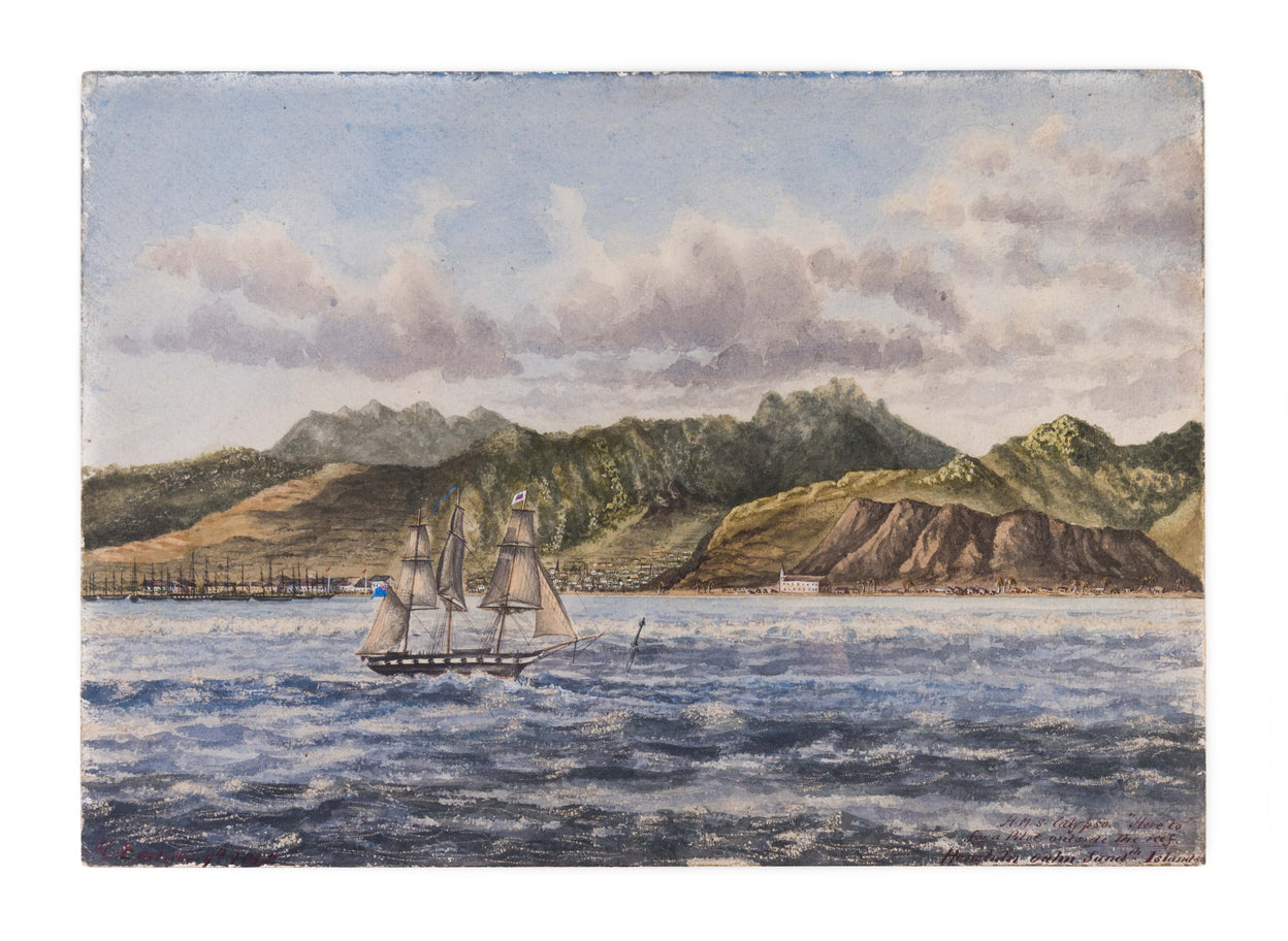 HMS Calypso hove to for a Pilot outside the reef. Honolulu, Oahu Sandwich Islands.
