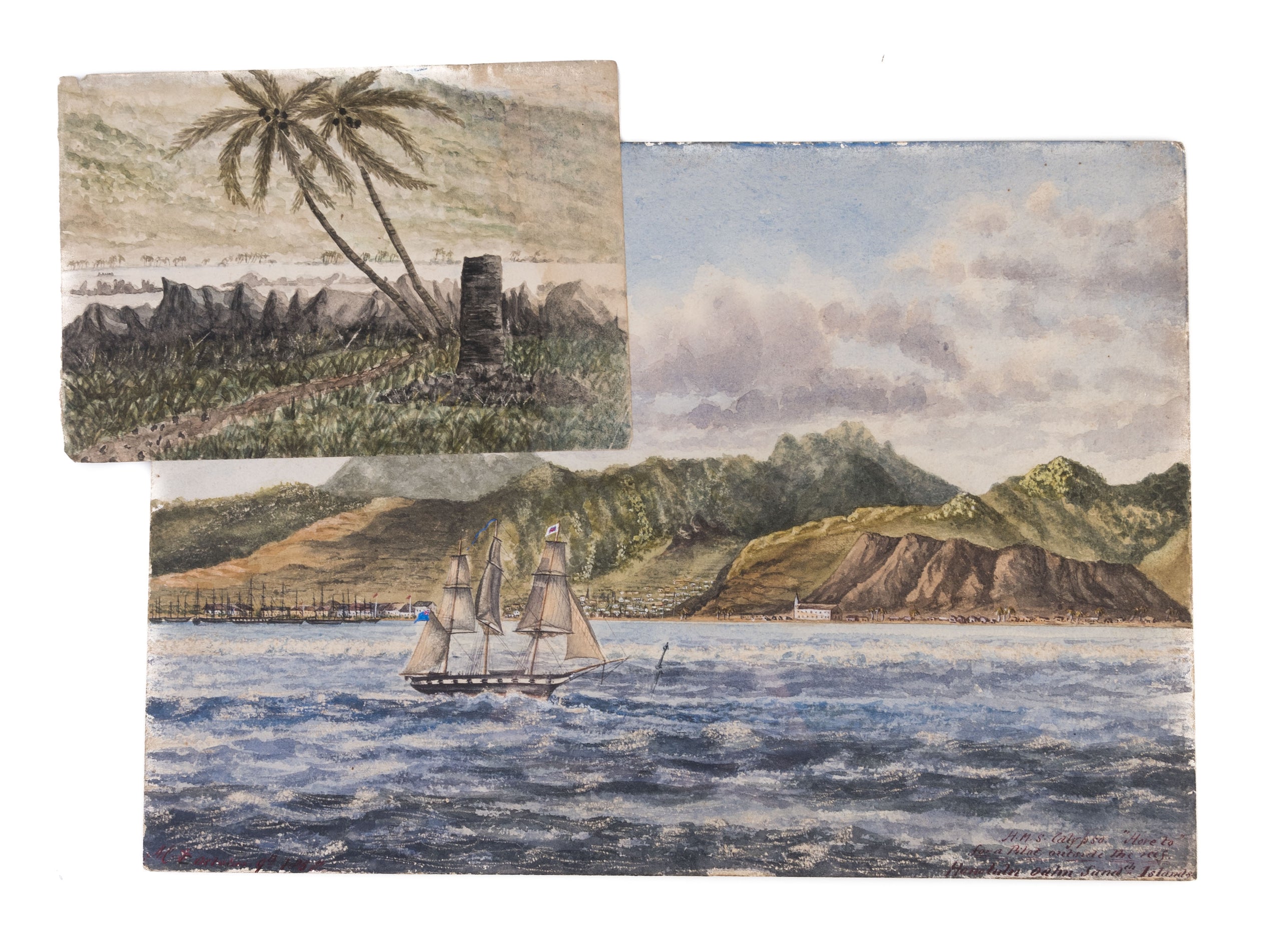 HMS Calypso hove to for a Pilot outside the reef. Honolulu, Oahu Sandwich Islands.