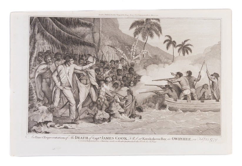 An Exact Representation of the Death of Captn. James Cook, F.R.S. at Karakakooa Bay, in Owhyhee, on Feb 14, 1779. Accurately engraved from a Drawing made on the spot purposefully for this Work by A. Hogg.