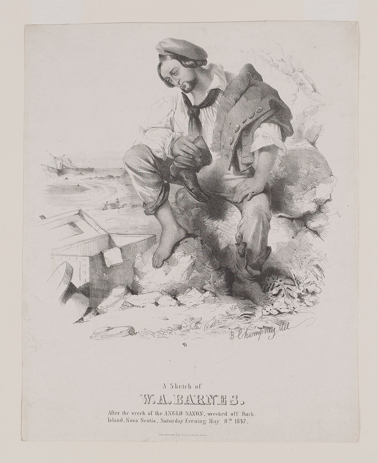 A Sketch of W.A. Barnes after the wreck of the Anglo Saxon, wrecked off Duck Island, Nova Scotia, Saturday Evening May 8th 1847.