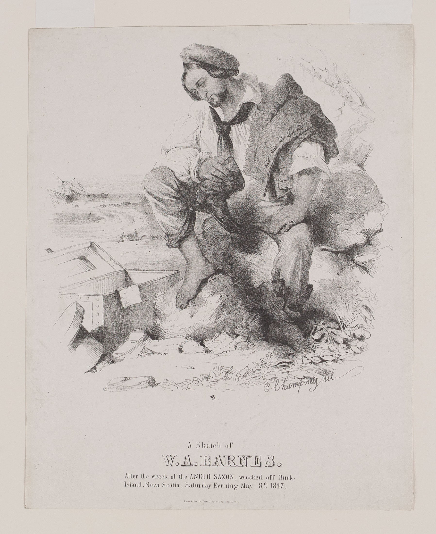 A Sketch of W.A. Barnes after the wreck of the Anglo Saxon, wrecked off Duck Island, Nova Scotia, Saturday Evening May 8th 1847.