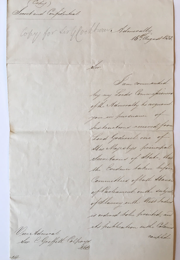 LS to Vice Admiral Sir Edward Griffith Colpoys regarding slavery and the West Indies.