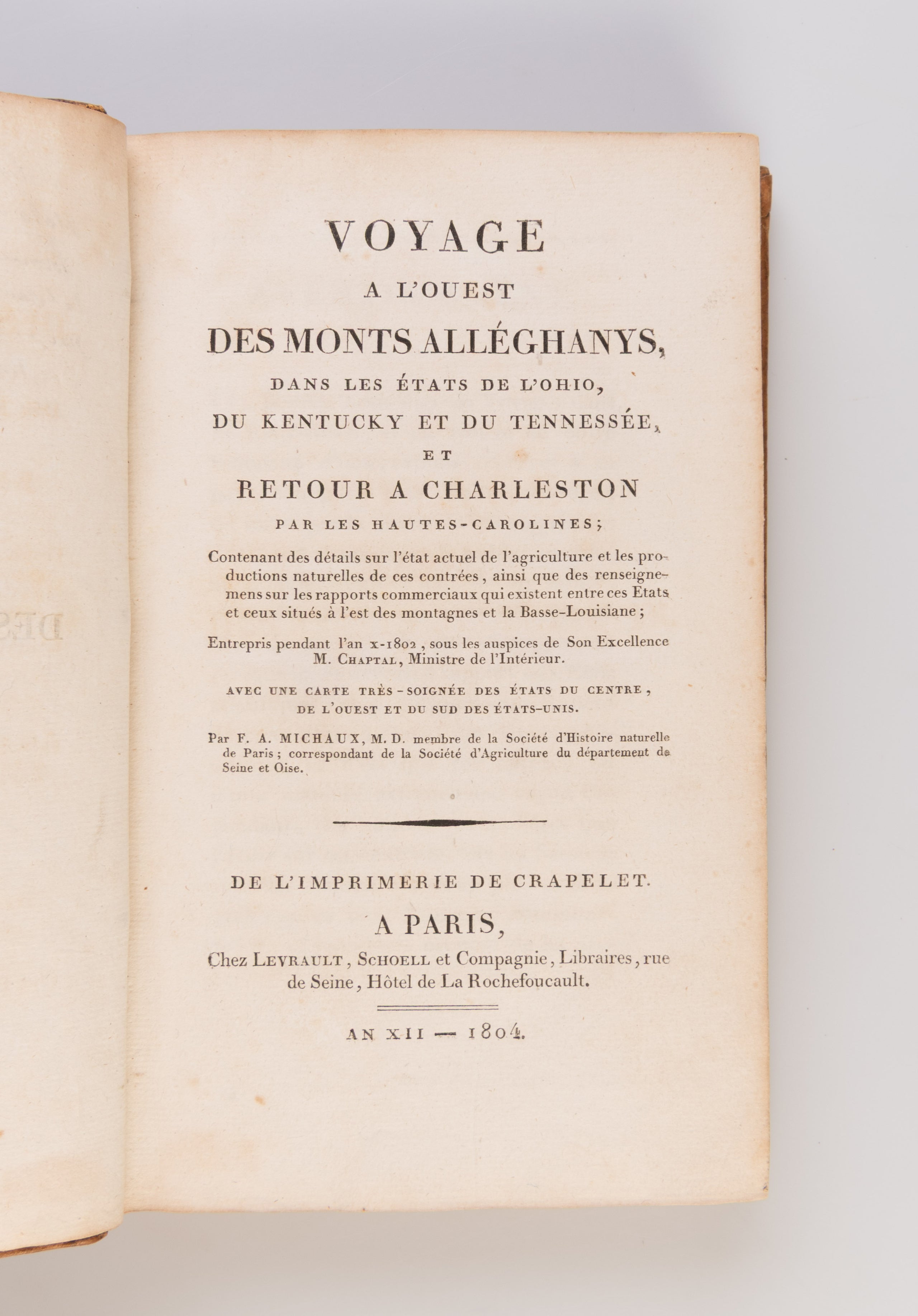 Voyage à l'Ouest des Monts Alléghanys, dans les états de l'Ohio du Kentucky et du Tennessée, et retour à Charleston par les Hautes-Carolines; contenant des détails sur l'état actuel de l'agriculture...ainsi que des renseigmenets sur les rapports commercia