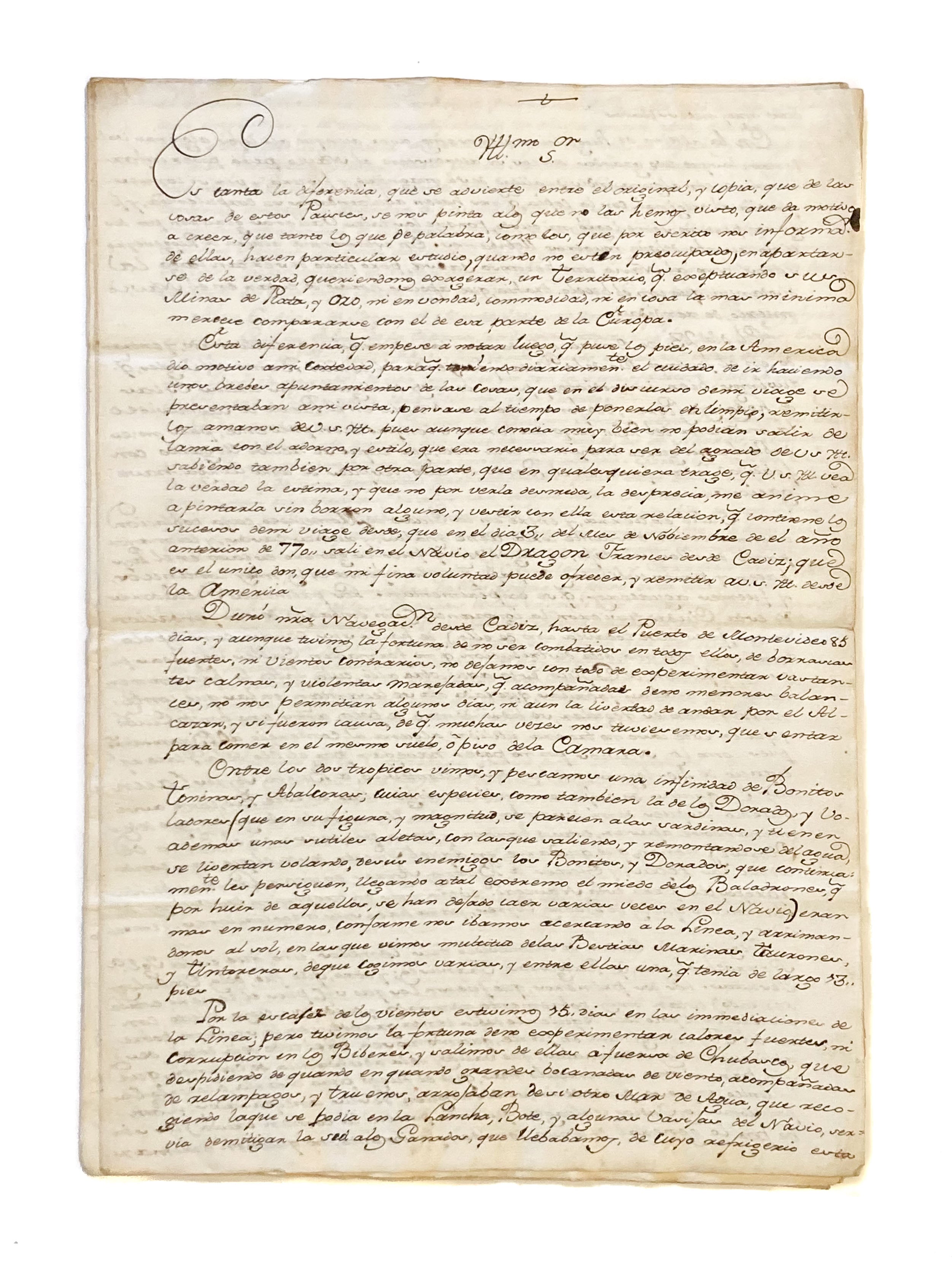 Autograph Letter Signed to Sr. Don Manuel de Roda, giving a long and interesting description of his voyage to South America, and his impressions of the countries he saw.