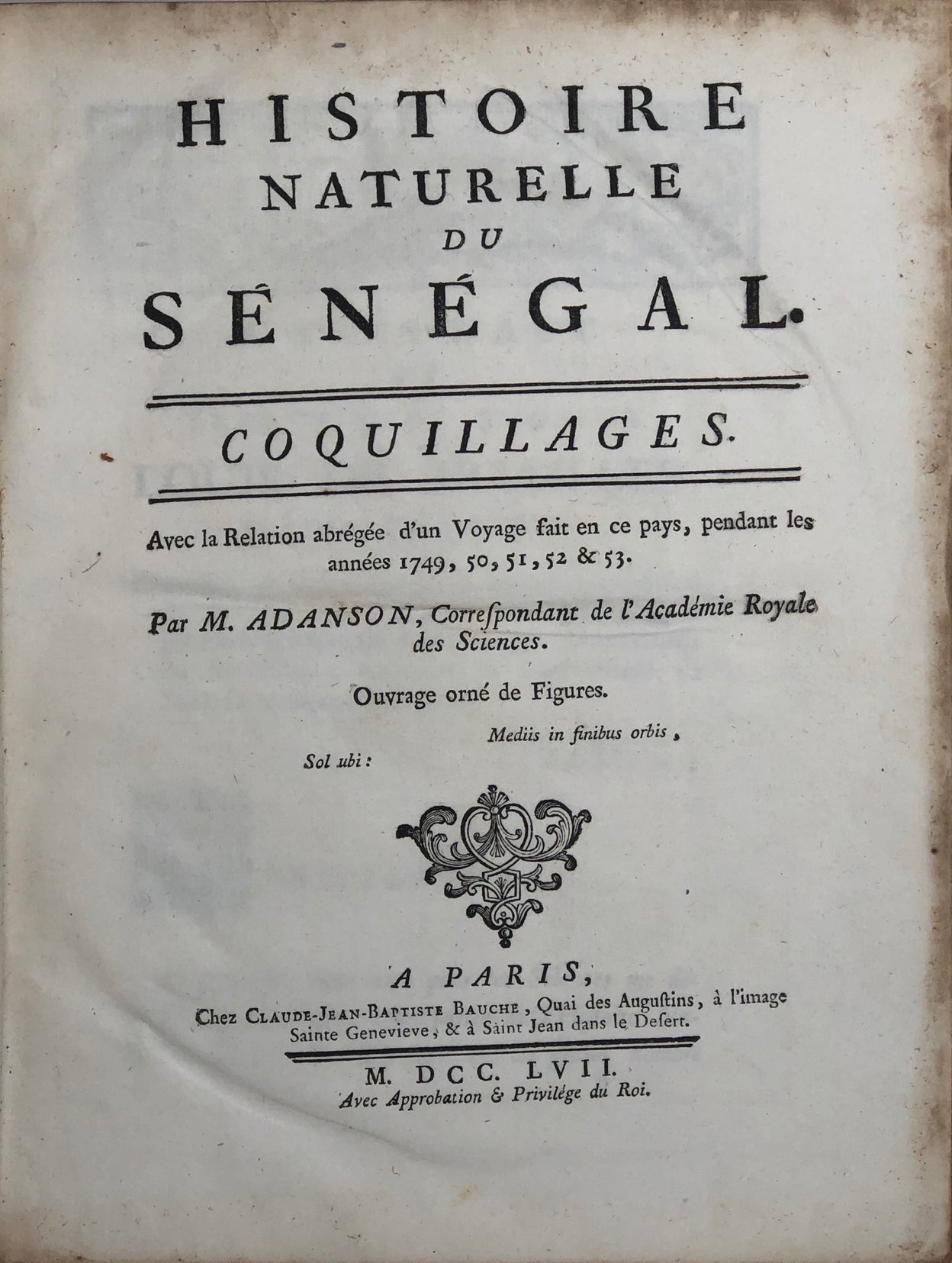 Histoire Naturelle du Senegal. Coquillages. Avec la Relation abregee d'un Voyage fait en ce Pays, pendant les annees 1749,50,51,52, & 53.