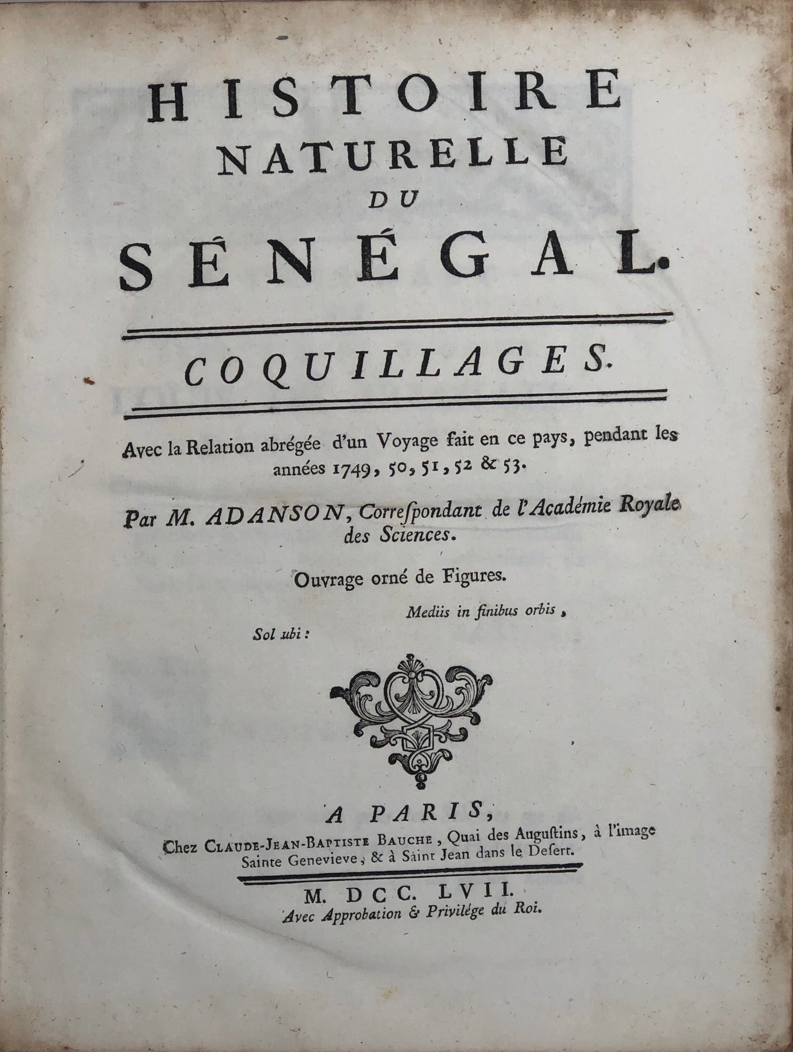 Histoire Naturelle du Senegal. Coquillages. Avec la Relation abregee d'un Voyage fait en ce Pays, pendant les annees 1749,50,51,52, & 53.