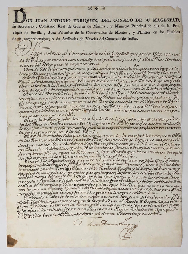 Don Juan Antonio Enriquez, del Consejo de su Magestad, su Secretario, Comisario Real de Guerra de Marina, y Ministro Principal de ella de la Provincia de Sevilla, Juez Privativo de la Conservacion de Montes, y Plantíos en los Pueblos de su comprehension,
