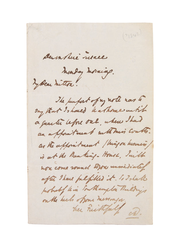 Autograph Letter Signed (“CD.”) to “My Dear Mitton” [Thomas Mitton, friend and solicitor], regarding engagements with Mitton himself, and with Miss Coutts.