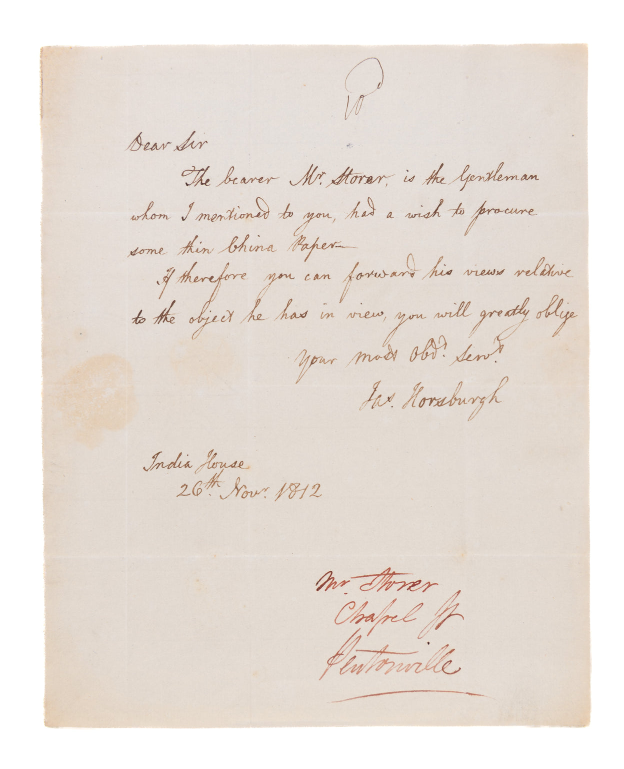 Autograph letter to Mr. Storer.