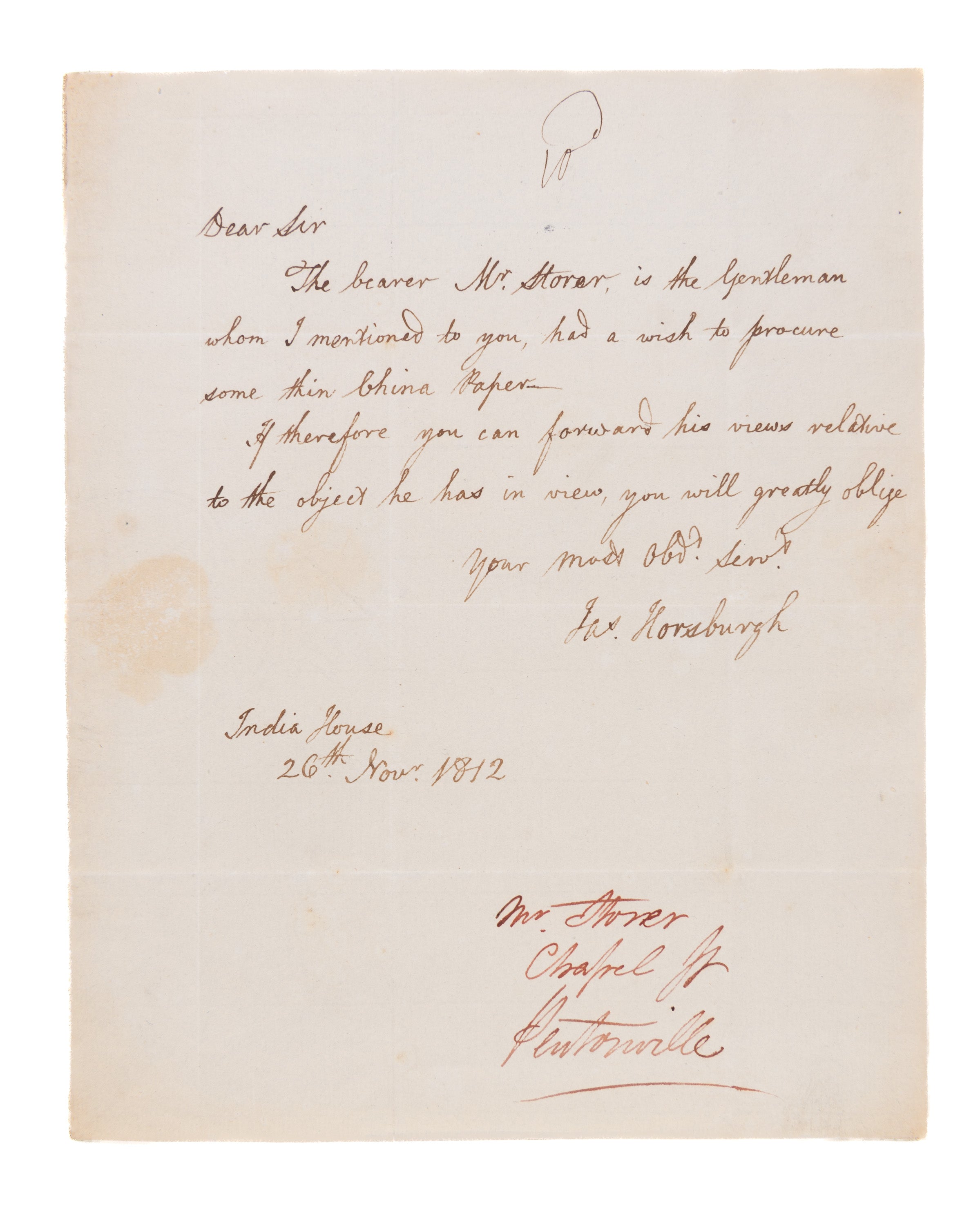 Autograph letter to Mr. Storer.