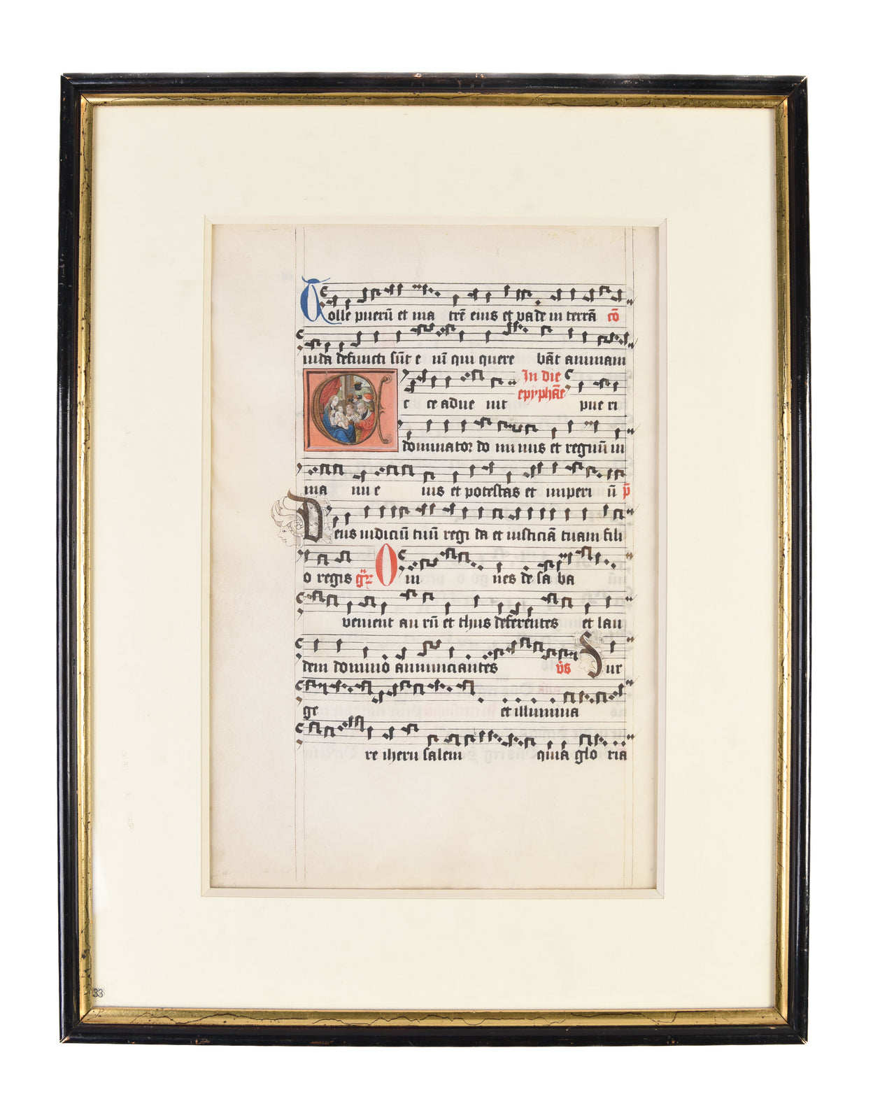 The Adoration of the Three Magi, a large illuminated initial 'E' depicting on a full vellum leaf from a Gradual.
Leiden(?), c. 1480-90