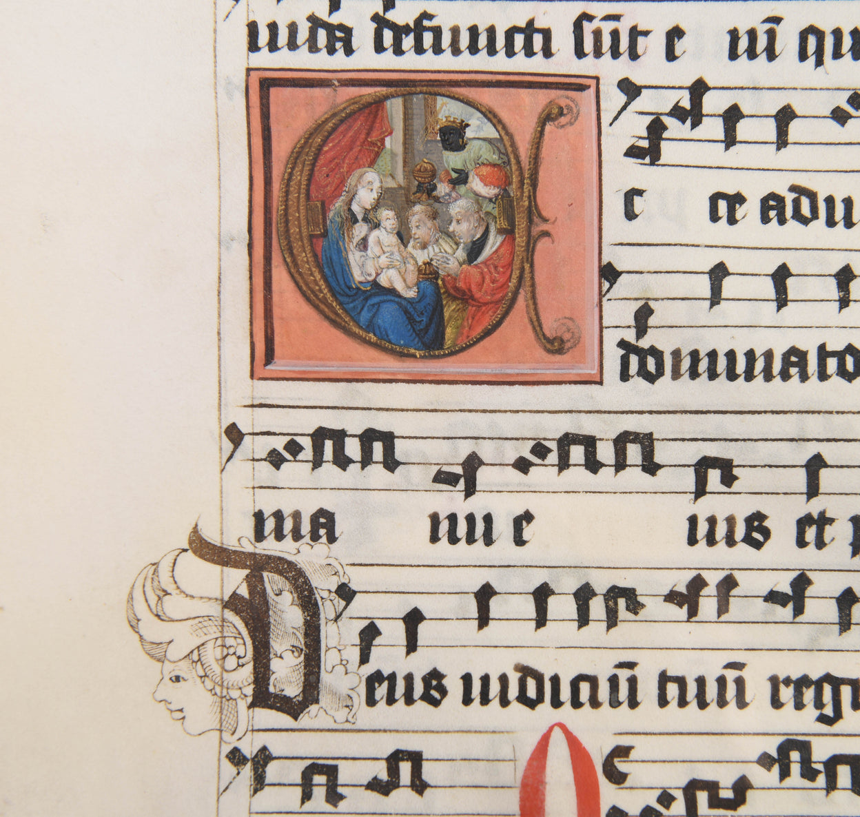 The Adoration of the Three Magi, a large illuminated initial 'E' depicting on a full vellum leaf from a Gradual.
Leiden(?), c. 1480-90