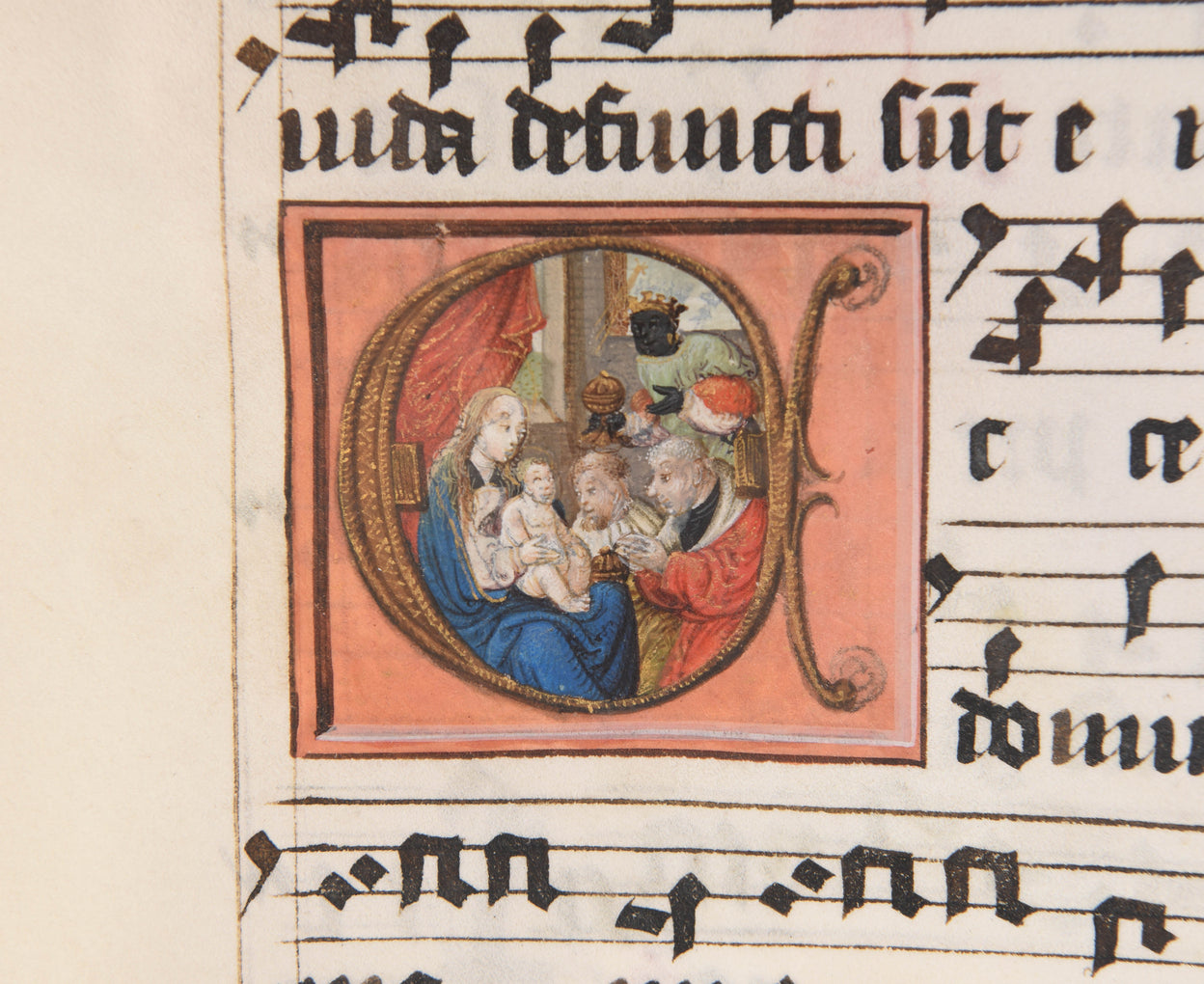The Adoration of the Three Magi, a large illuminated initial 'E' depicting on a full vellum leaf from a Gradual.
Leiden(?), c. 1480-90