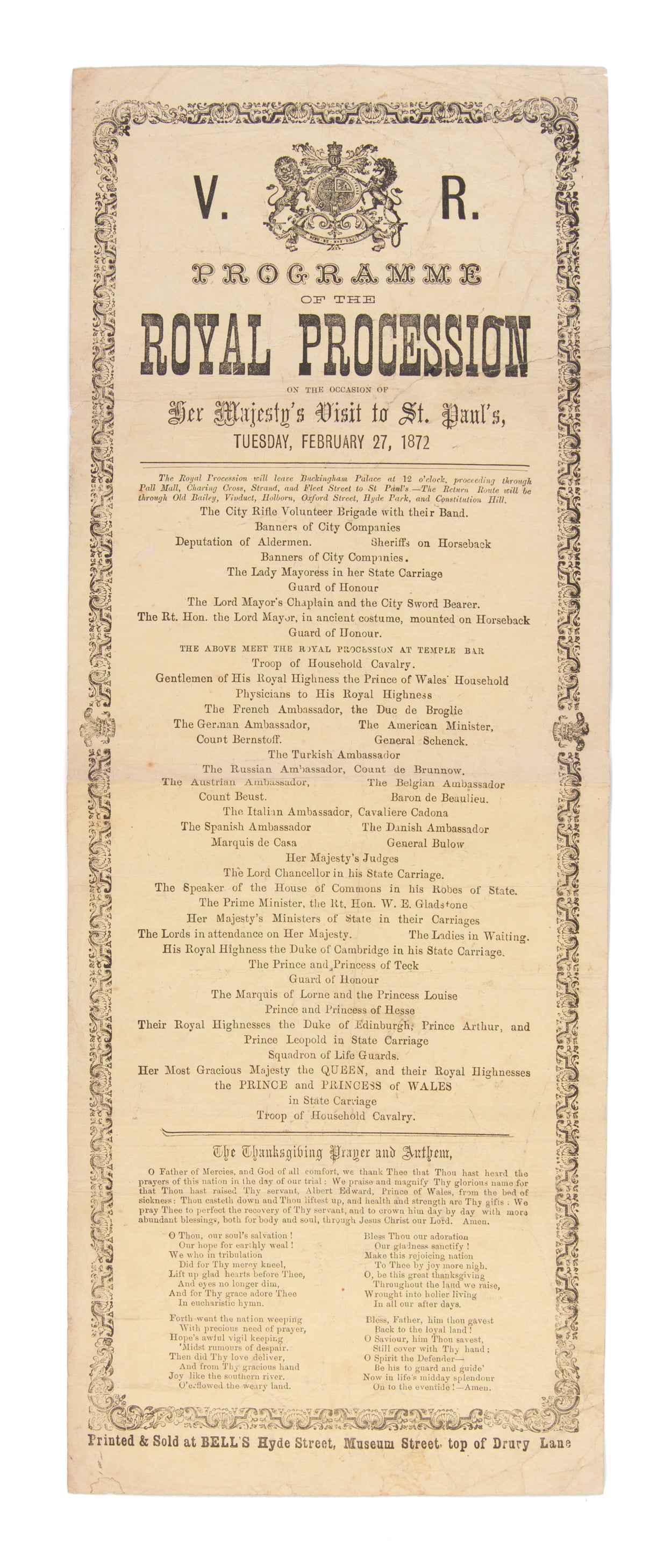Programme of the Royal Procession on the occasion of Her Majesty's visit to St Paul's Cathedral, London, 27 February 1872.