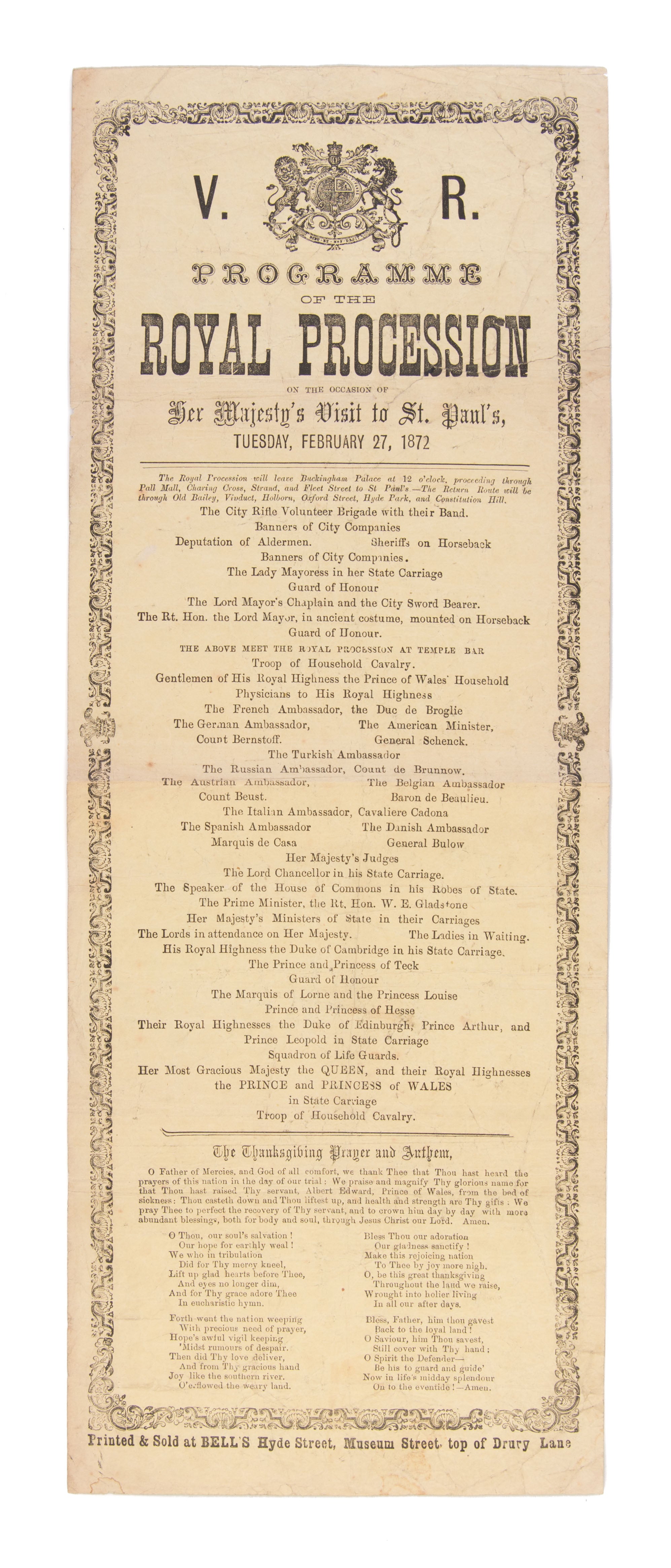 Programme of the Royal Procession on the occasion of Her Majesty's visit to St Paul's Cathedral, London, 27 February 1872.
