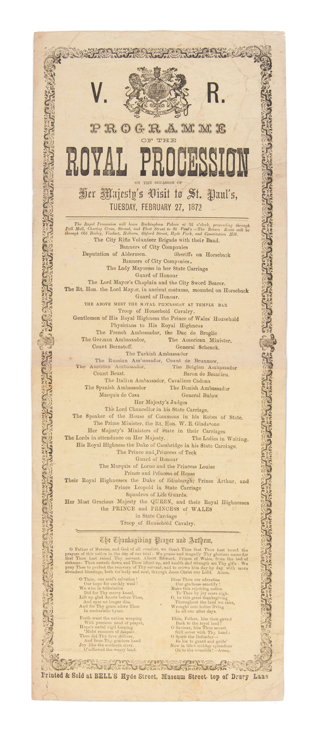 Programme of the Royal Procession on the occasion of Her Majesty's visit to St Paul's Cathedral, London, 27 February 1872.