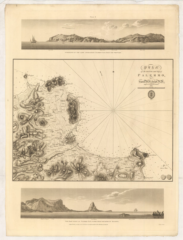 [composite sheet] Appearances of the land approaching Palermo ... // Plan of the Environs and Gulf of Palermo ... // 'The East Point of Palermo Bay, ...